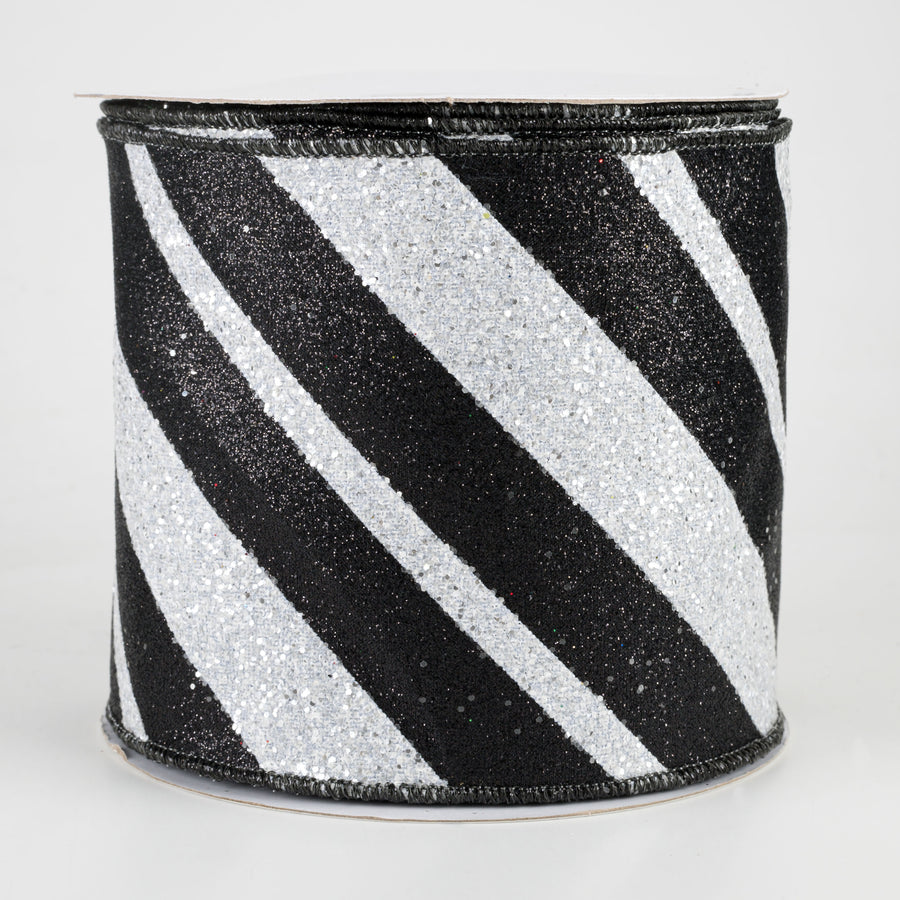 4" Giant Glitter Diagonal Lines Ribbon: Black & White (10 Yards)