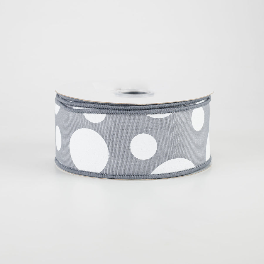 1.5" Giant Three Size Polka Dot Ribbon: Dark Grey & White (10 Yards)
