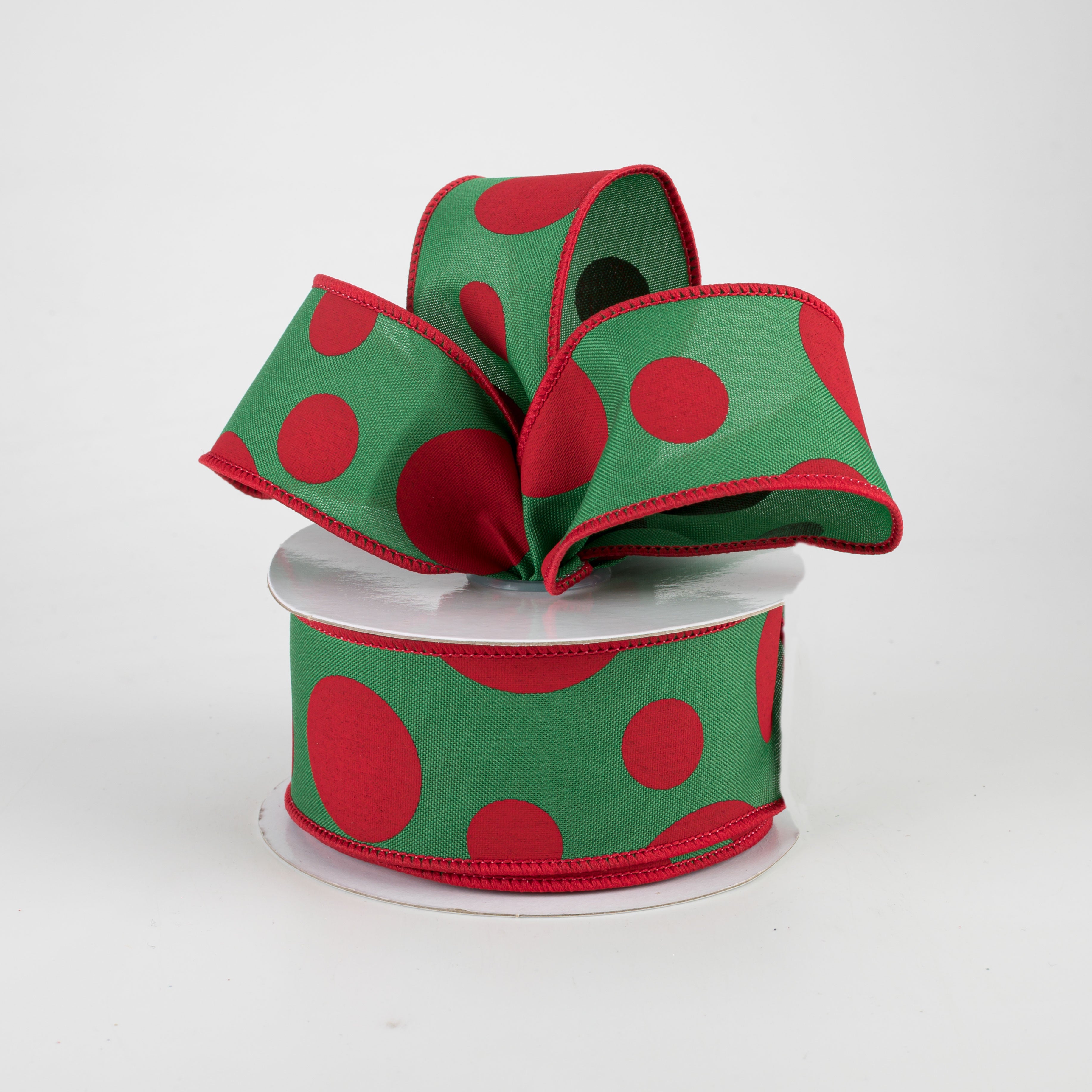 1.5" Giant Three Size Polka Dot Ribbon: Emerald Green & Red (10 Yards) Lifestyle Photo
