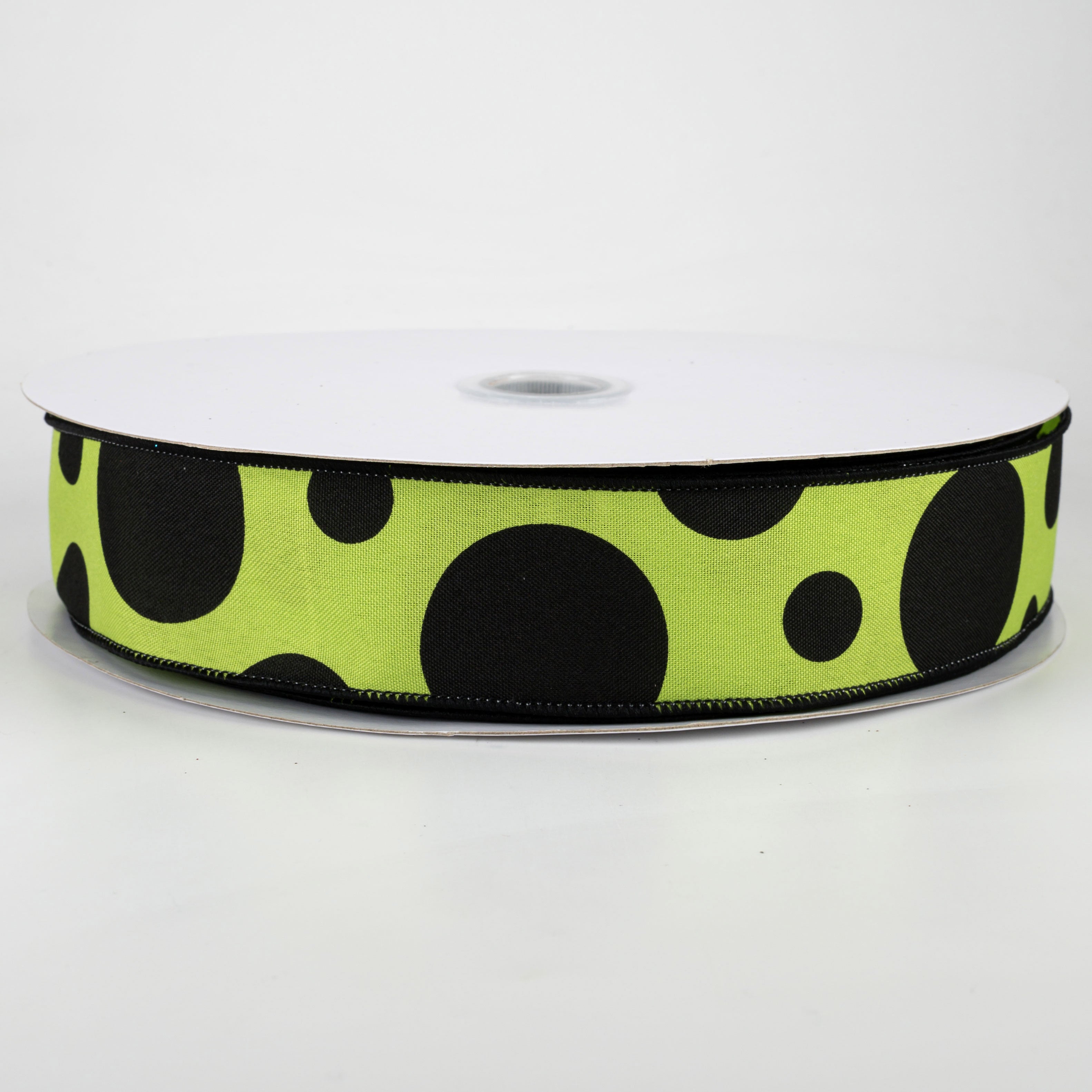 1.5" Giant Three Size Polka Dot Ribbon: Lime Green & Black (50 Yards)