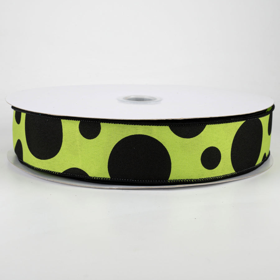 1.5" Giant Three Size Polka Dot Ribbon: Lime Green & Black (50 Yards)