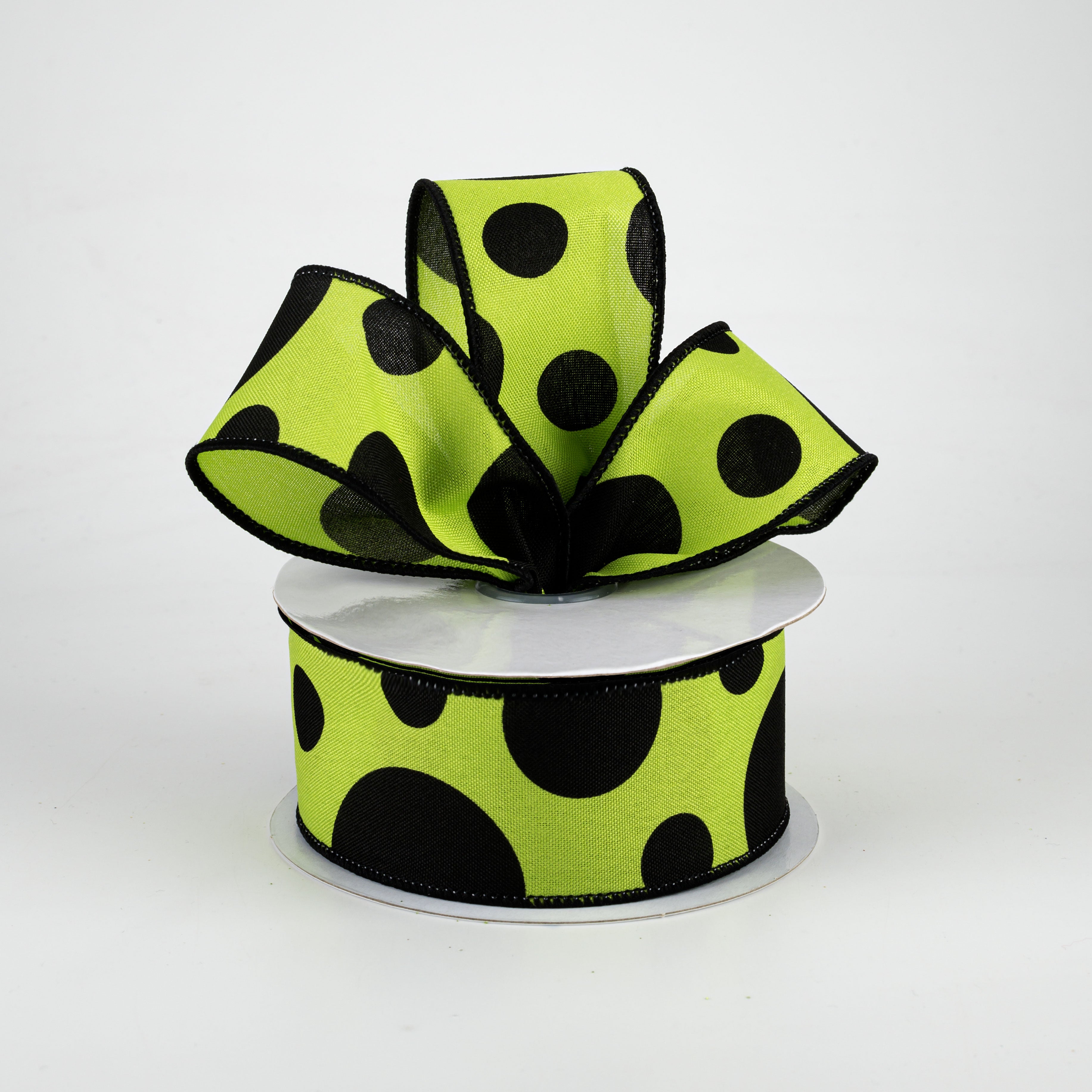 1.5" Giant Three Size Polka Dot Ribbon: Lime Green & Black (10 Yards) Lifestyle Photo