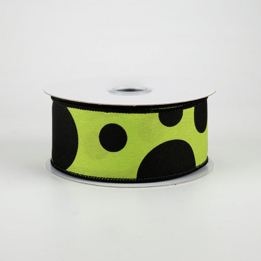 1.5" Giant Three Size Polka Dot Ribbon: Lime Green & Black (10 Yards)