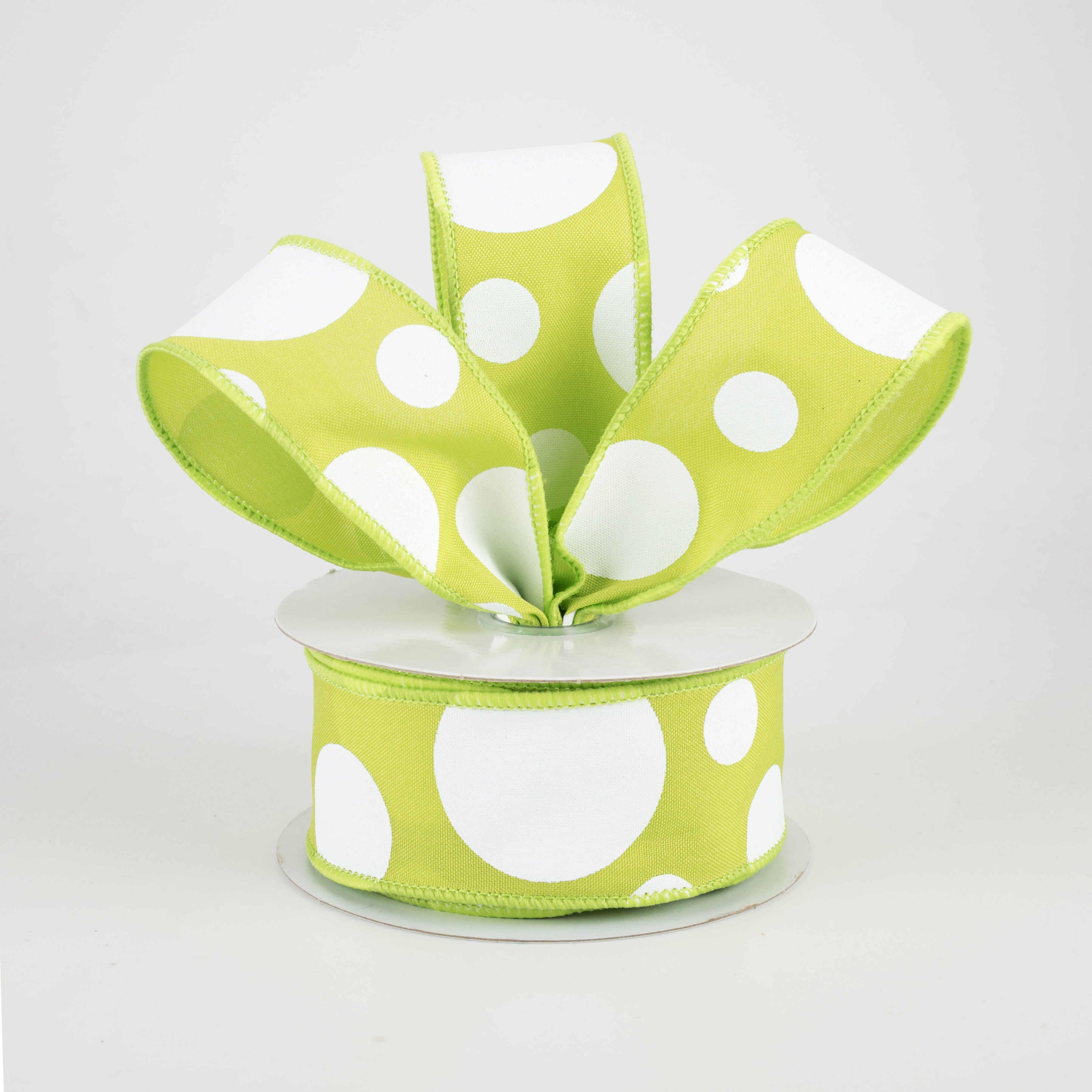 1.5" Giant Three Size Polka Dot Ribbon: Lime Green & White (10 Yards) Lifestyle Photo