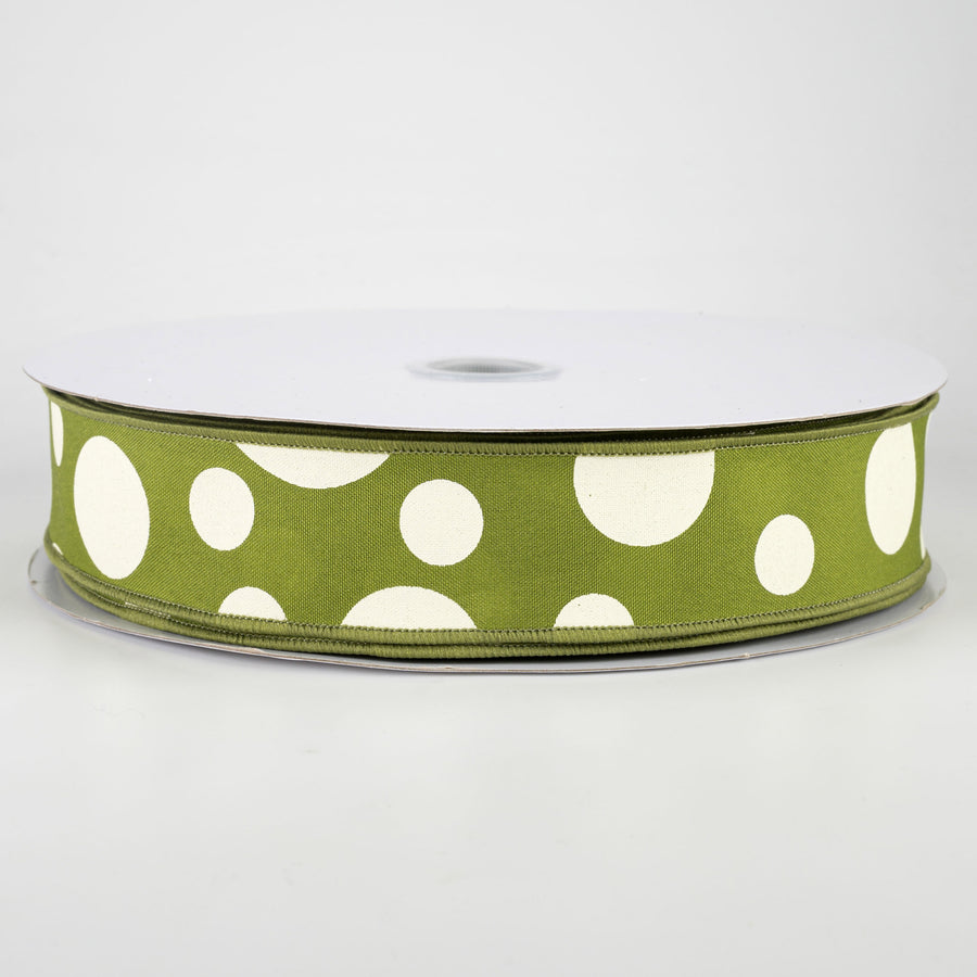 1.5" Giant Three Size Polka Dot Ribbon: Moss Green & Ivory (50 Yards)