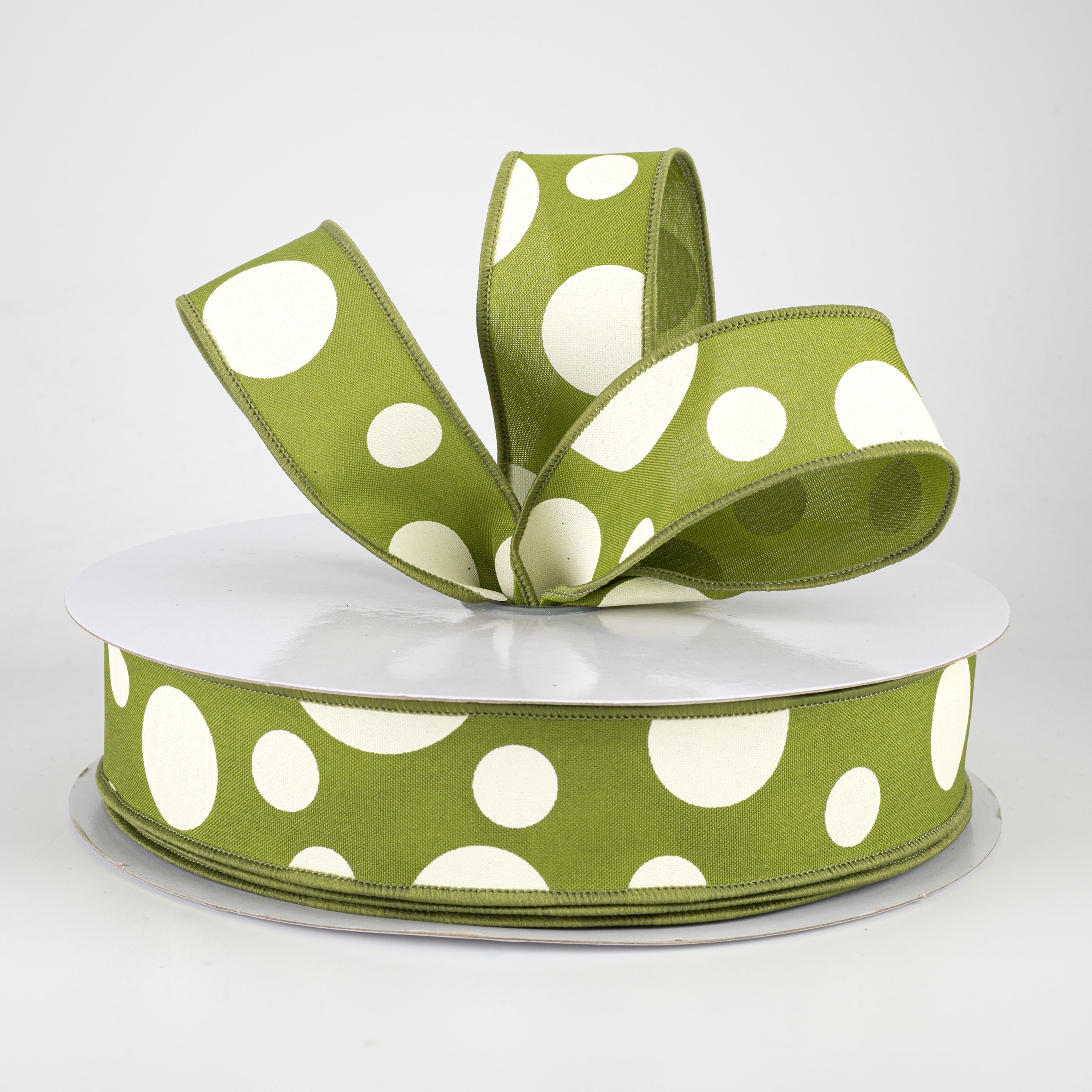 1.5" Giant Three Size Polka Dot Ribbon: Moss Green & Ivory (50 Yards) Lifestyle Photo