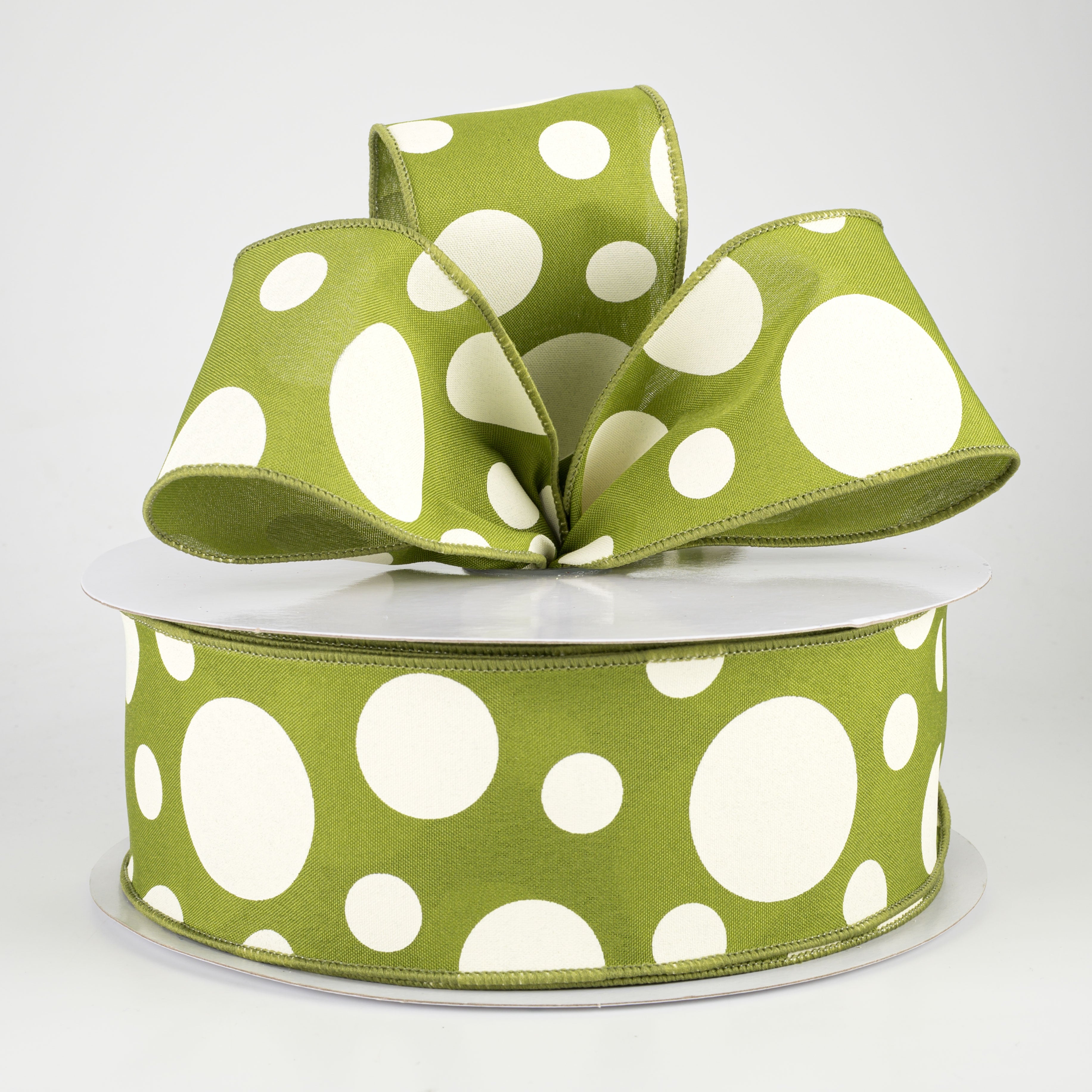 2.5" Giant Three Size Polka Dot Ribbon: Moss Green & Ivory (50 Yards) Lifestyle Photo