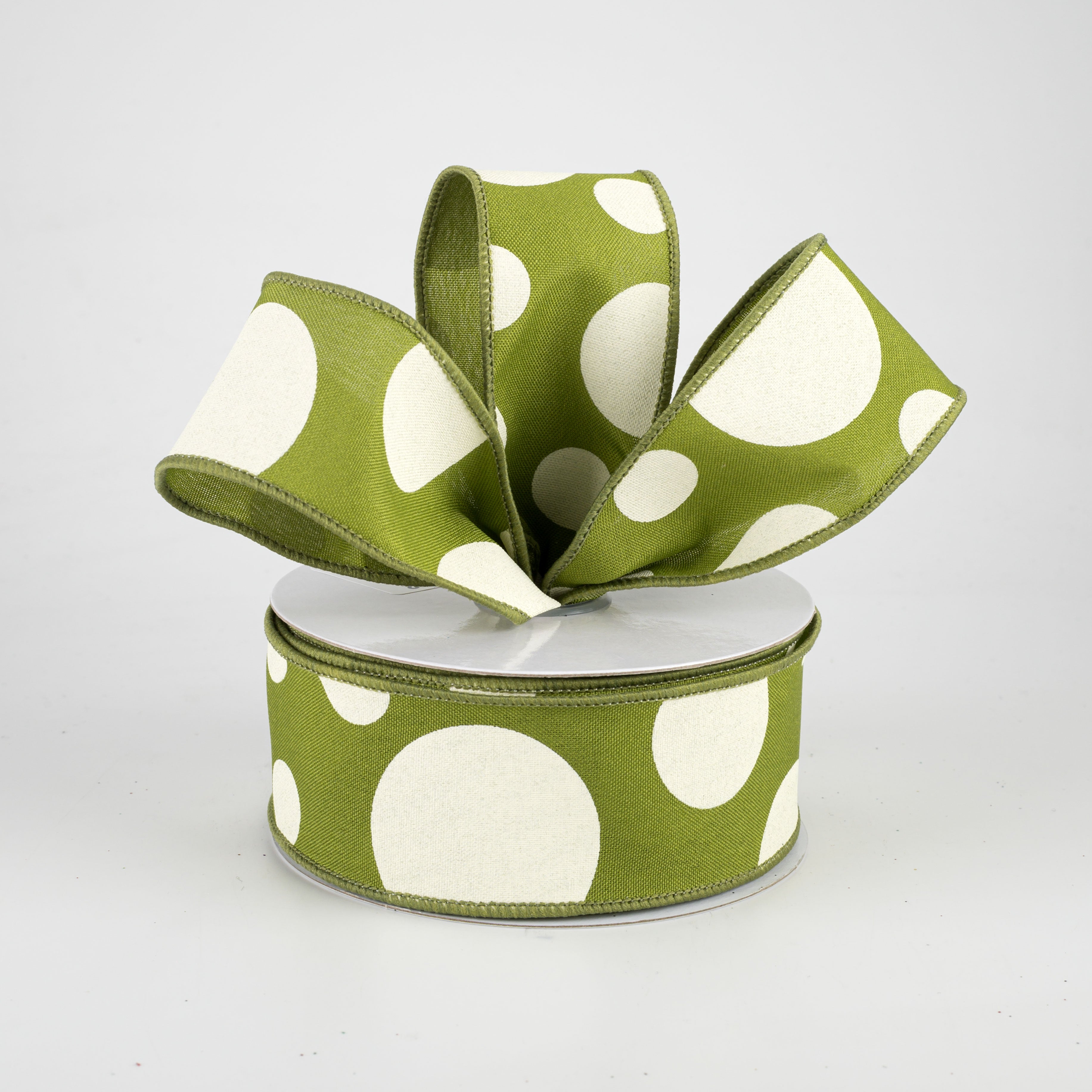 1.5" Giant Three Size Polka Dot Ribbon: Moss Green & Ivory (10 Yards) Lifestyle Photo