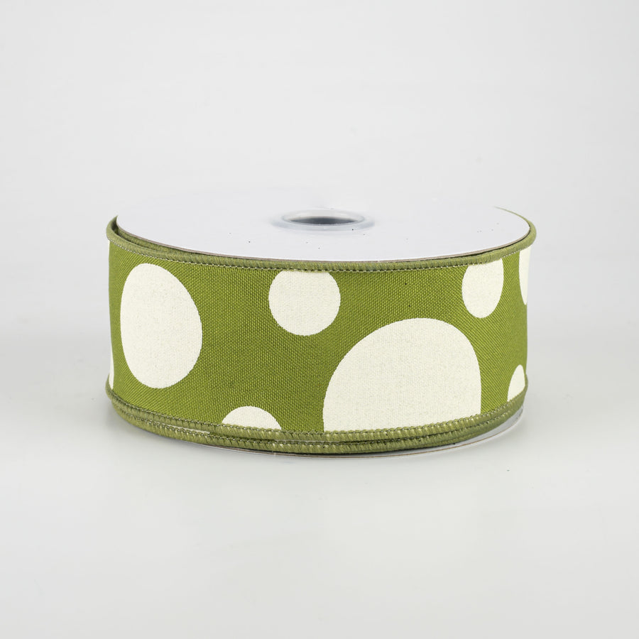1.5" Giant Three Size Polka Dot Ribbon: Moss Green & Ivory (10 Yards)