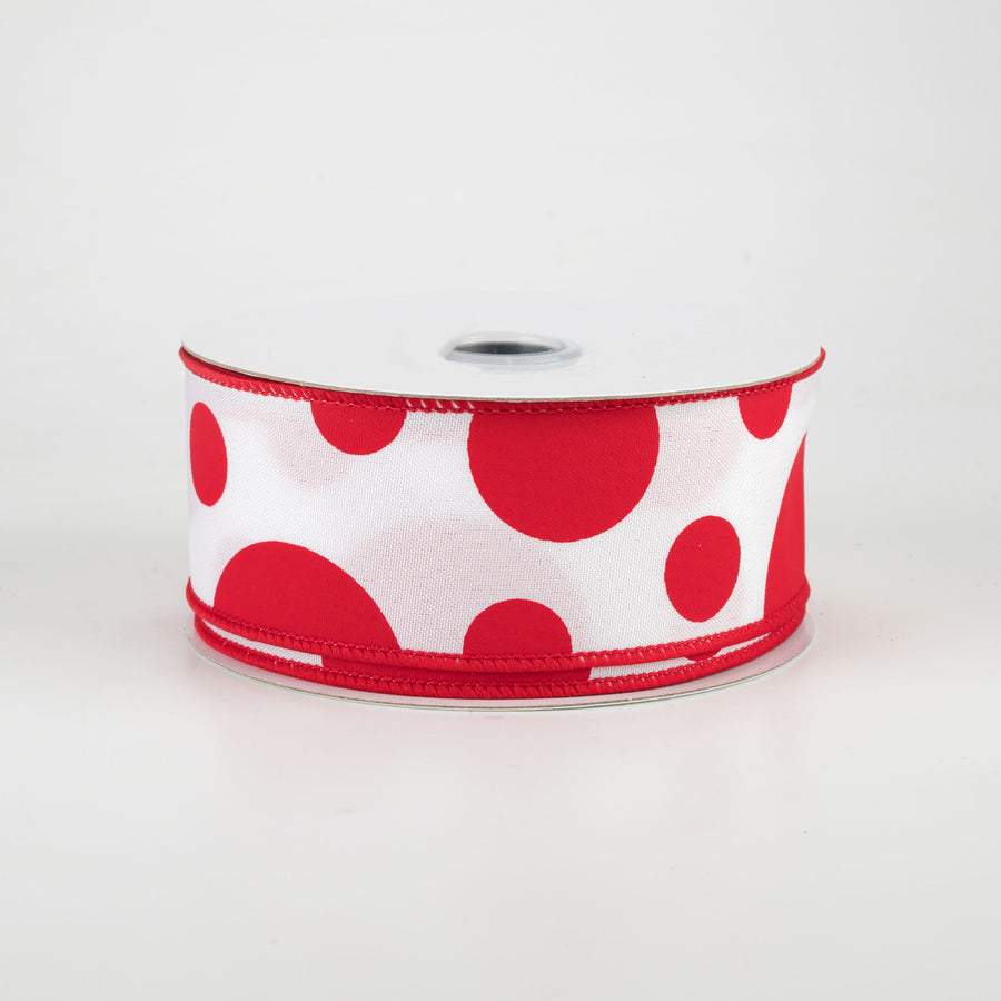 1.5" Giant Three Size Polka Dot Ribbon: White & Red (10 Yards)