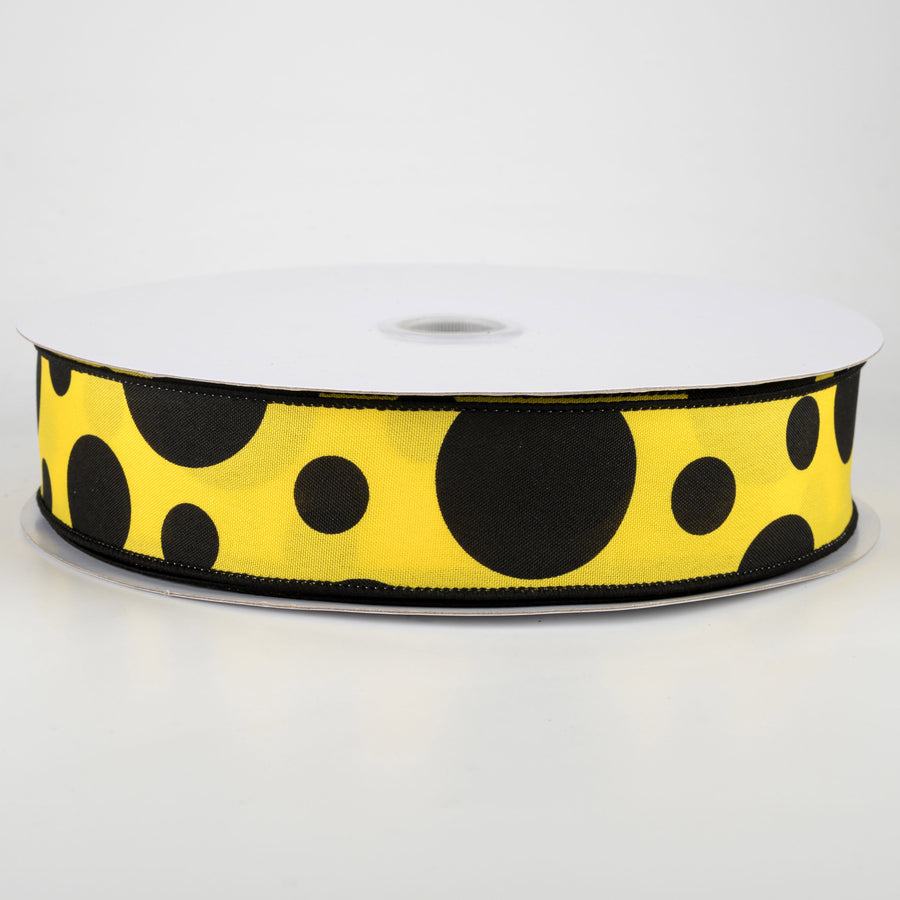 1.5" Giant Three Size Polka Dot Ribbon: Yellow & Black (50 Yards)