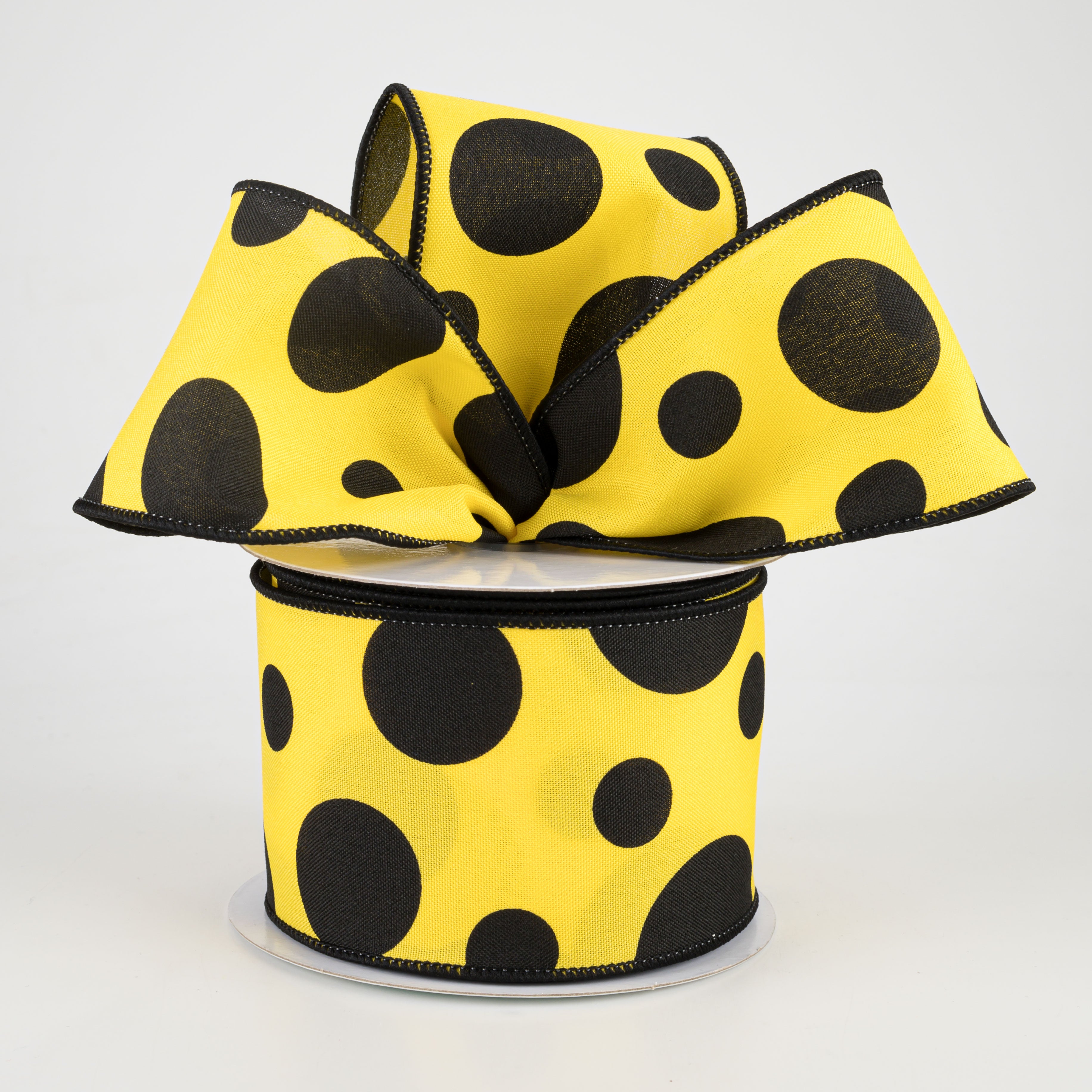 2.5" Giant Three Size Polka Dot Ribbon: Yellow & Black (10 Yards) Lifestyle Photo