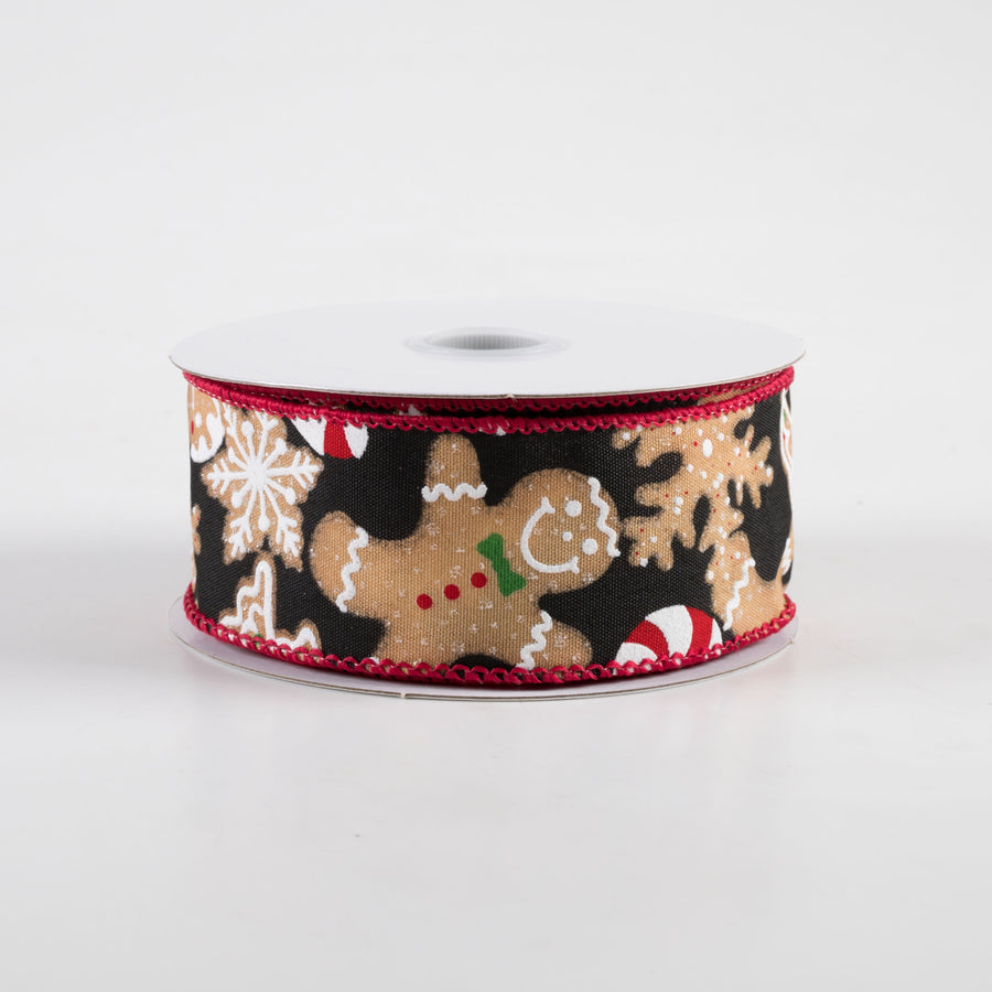 1.5" Gingerbread Cookies Candy Cane Ribbon: Black (10 Yards)