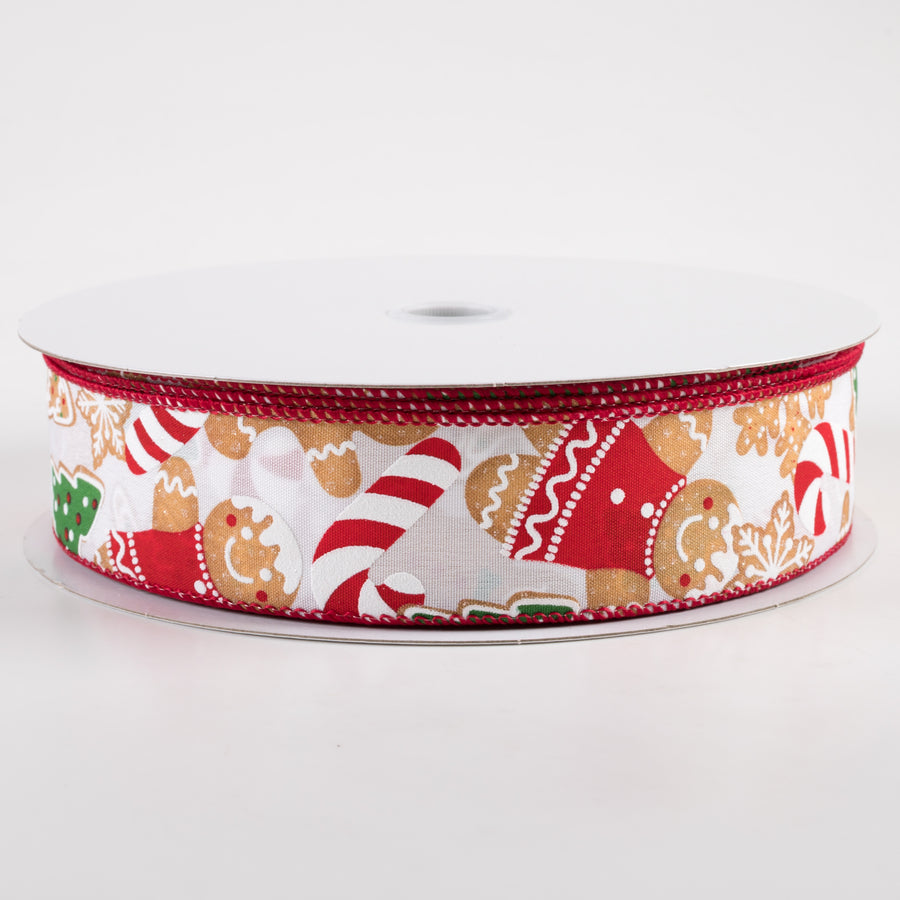 1.5" Gingerbread Cookies Candy Cane Ribbon: White (50 Yards)