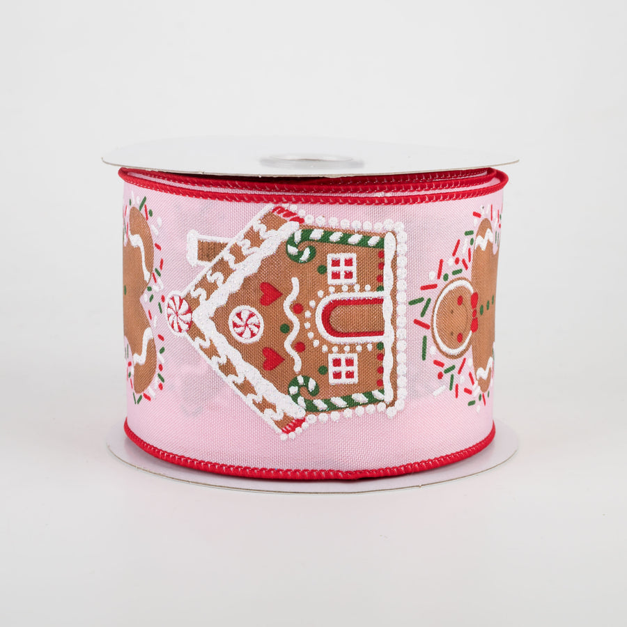 2.5" Gingerbread Man & House Ribbon: Light Pink (10 Yards)