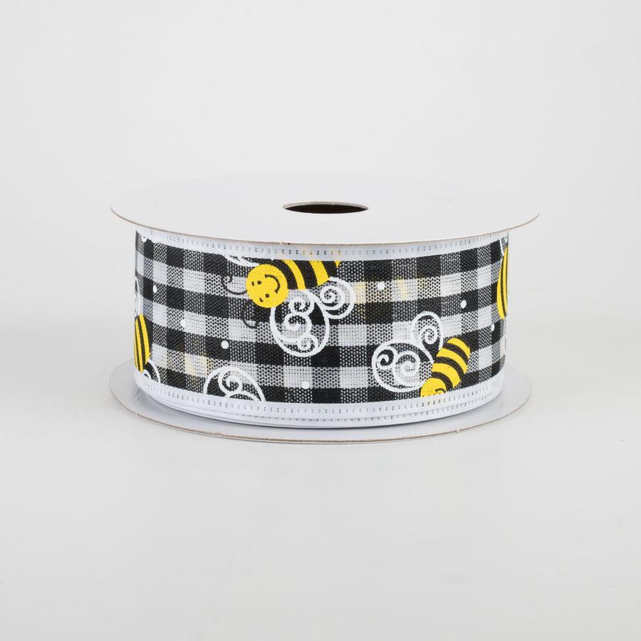 1.5" Gingham Bee Ribbon With White Edge (10 Yards)