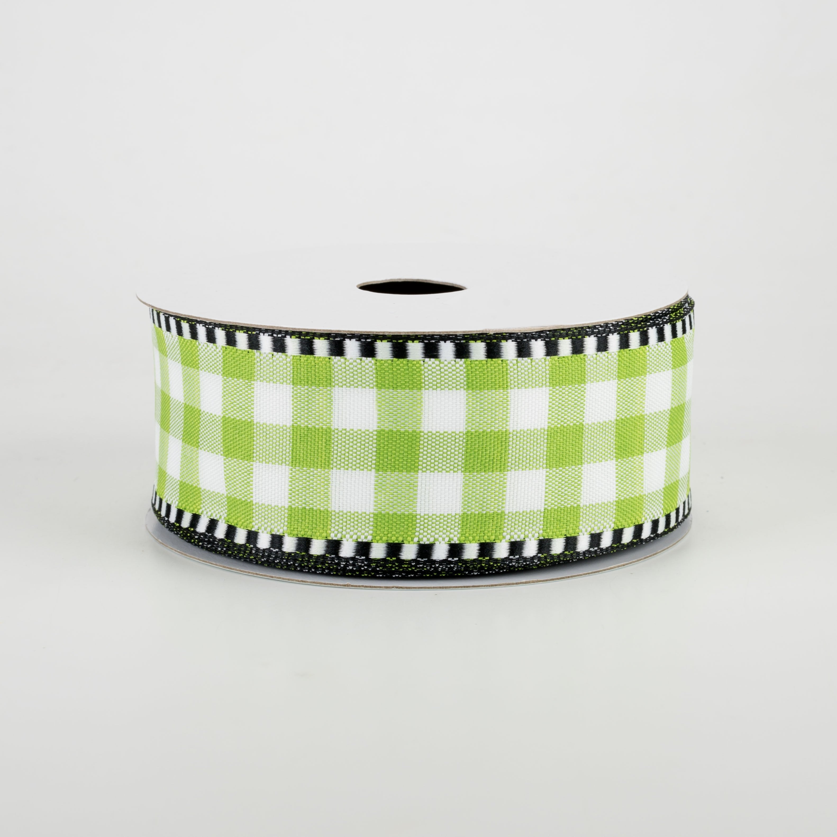 1.5" Gingham Check Dashed Edge Ribbon: Green & White (10 Yards)