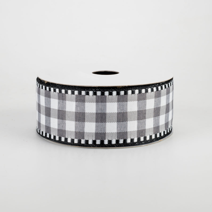 1.5" Gingham Check Dashed Edge Ribbon: Grey & White (10 Yards)