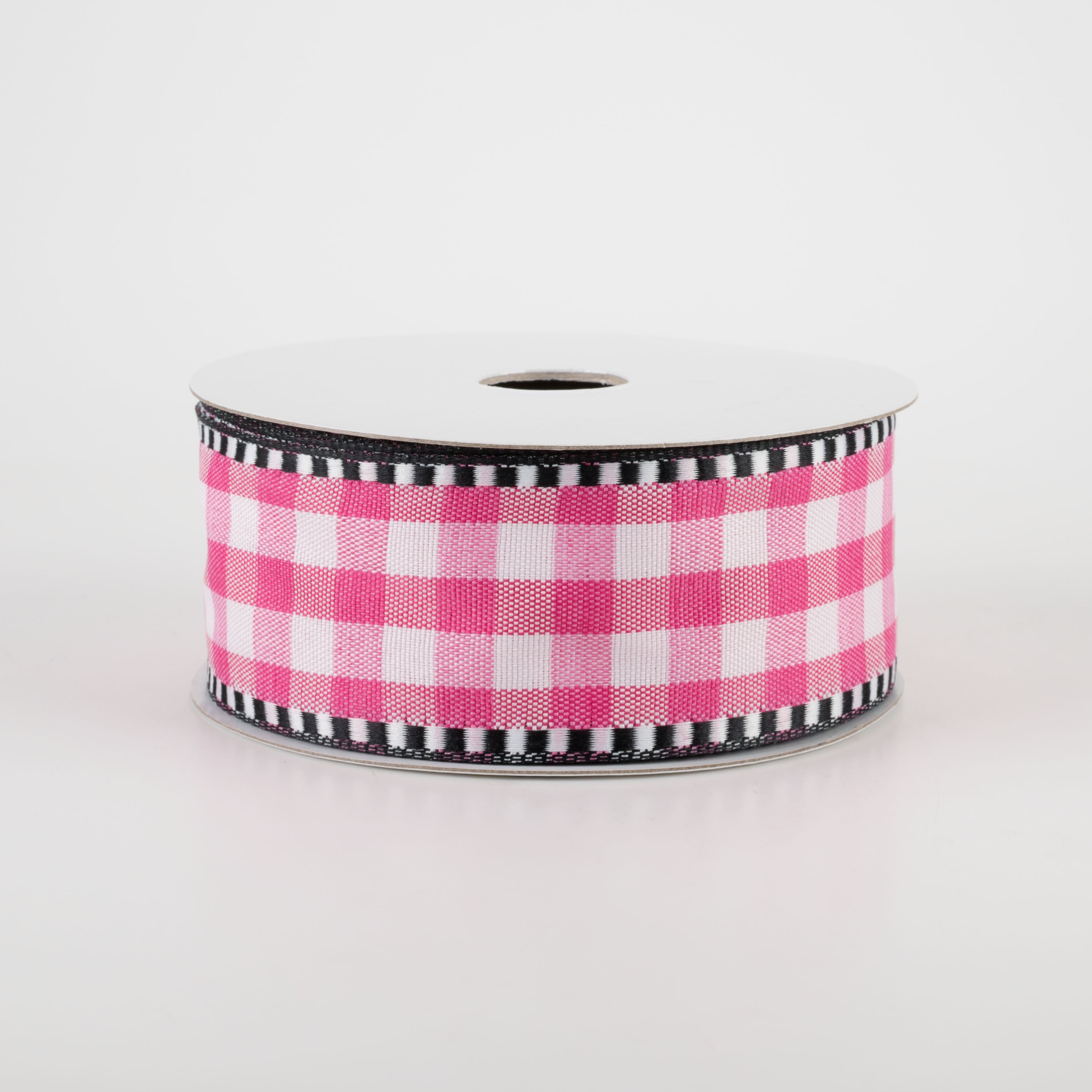 1.5" Gingham Check Dashed Edge Ribbon: Hot Pink & White (10 Yards)