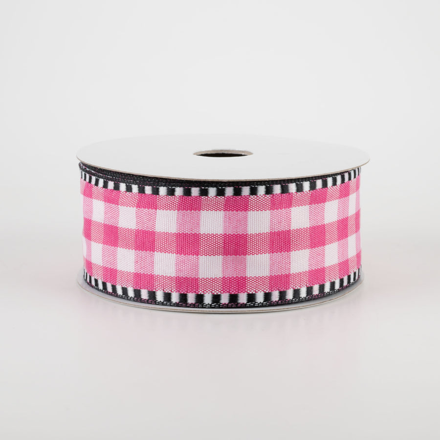 1.5" Gingham Check Dashed Edge Ribbon: Hot Pink & White (10 Yards)