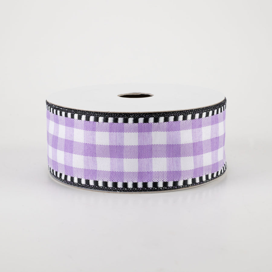 1.5" Gingham Check Dashed Edge Ribbon: Lavender & White (10 Yards)