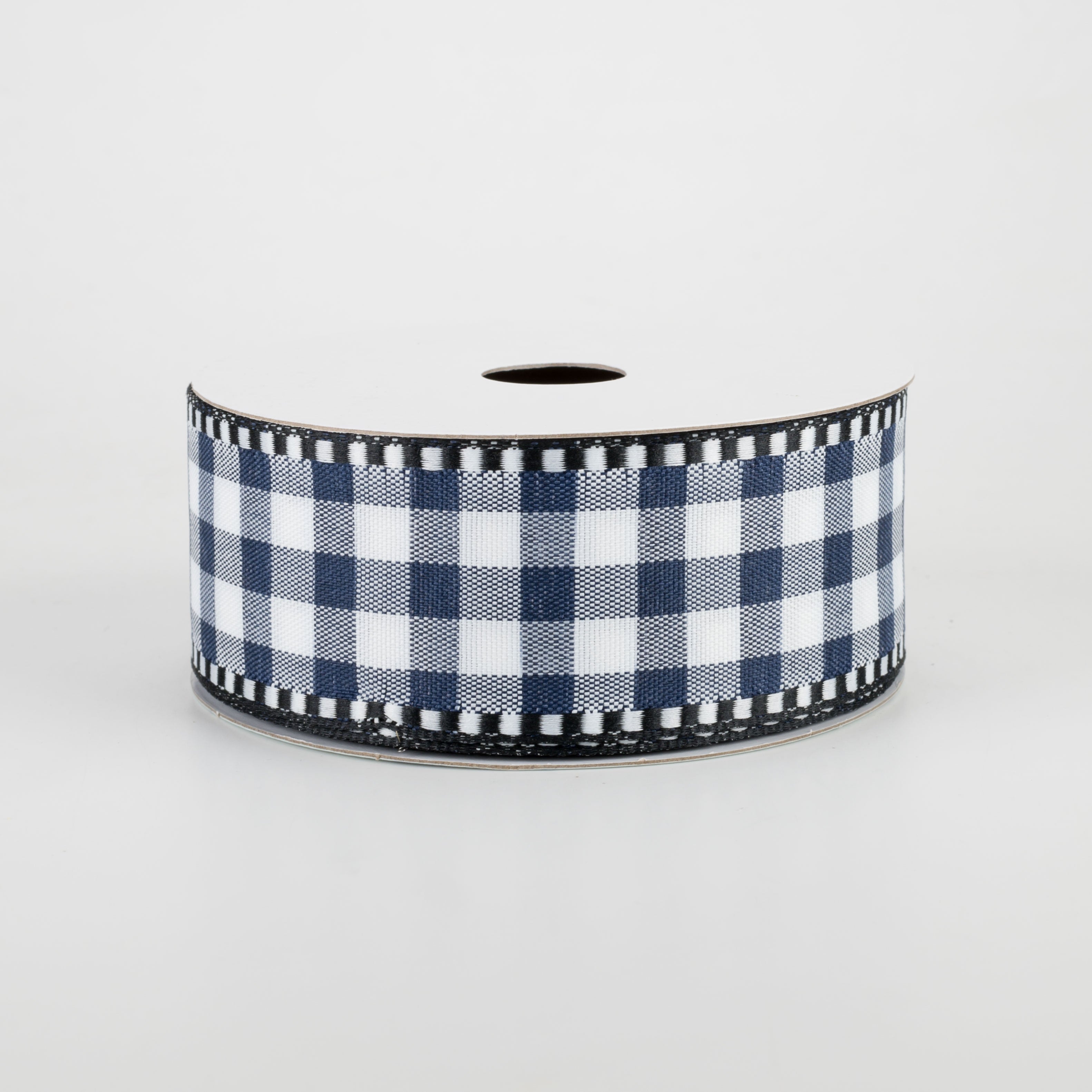 1.5" Gingham Check Dashed Edge Ribbon: Navy Blue & White (10 Yards)