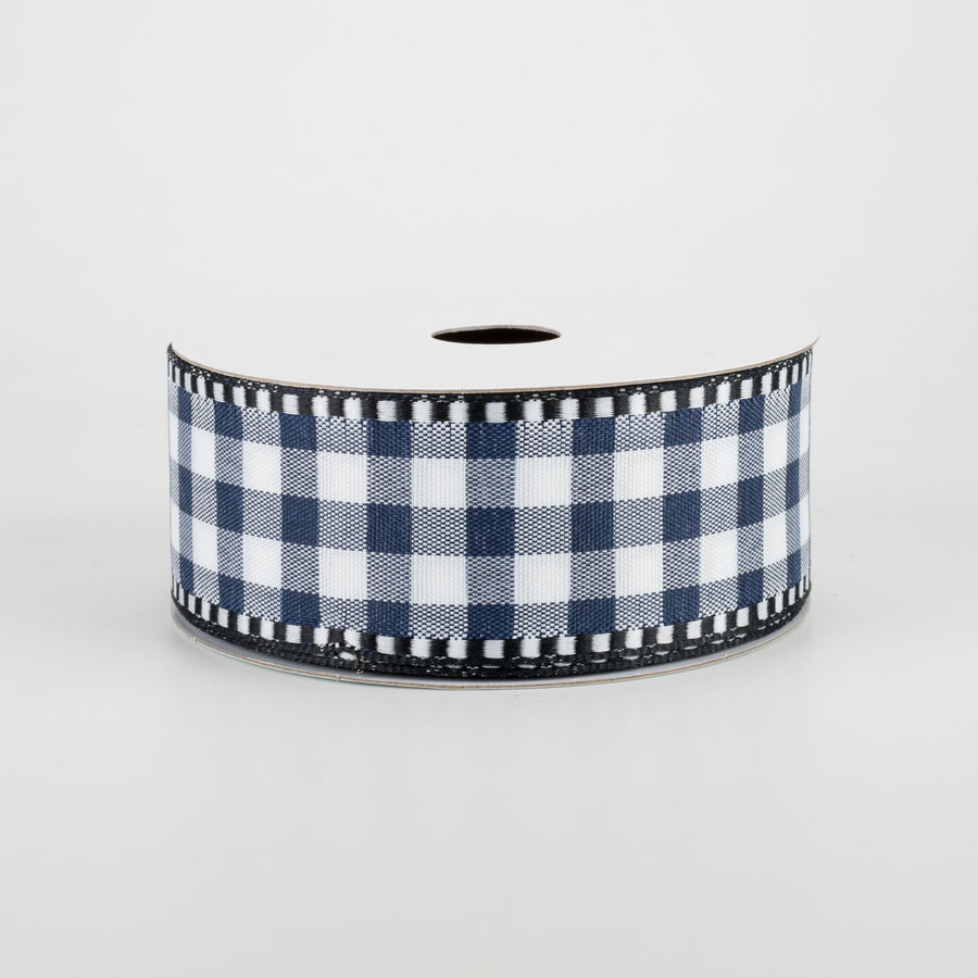 1.5" Gingham Check Dashed Edge Ribbon: Navy Blue & White (10 Yards)
