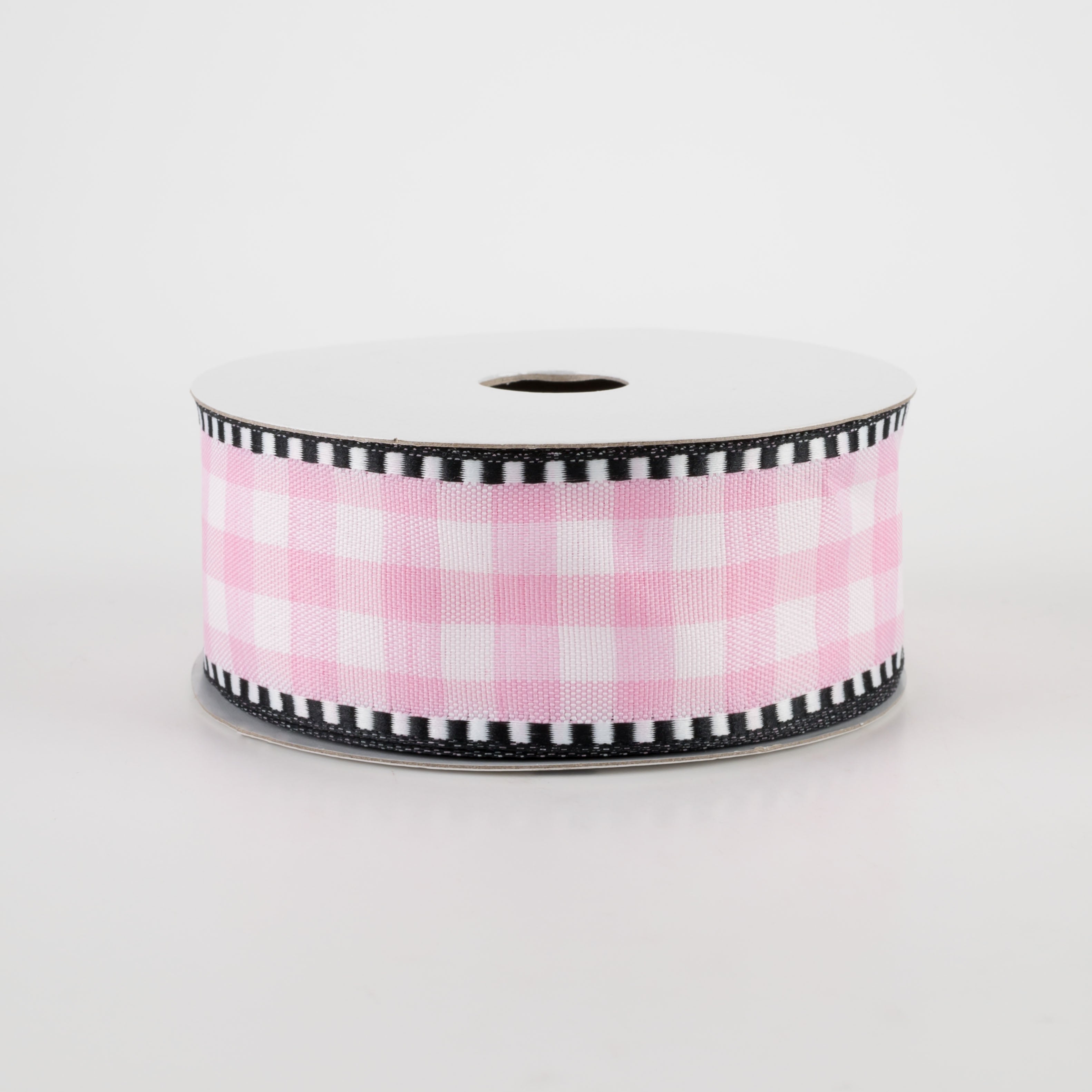 1.5" Gingham Check Dashed Edge Ribbon: Pink & White (10 Yards)