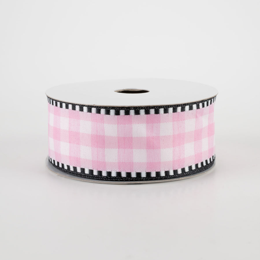 1.5" Gingham Check Dashed Edge Ribbon: Pink & White (10 Yards)