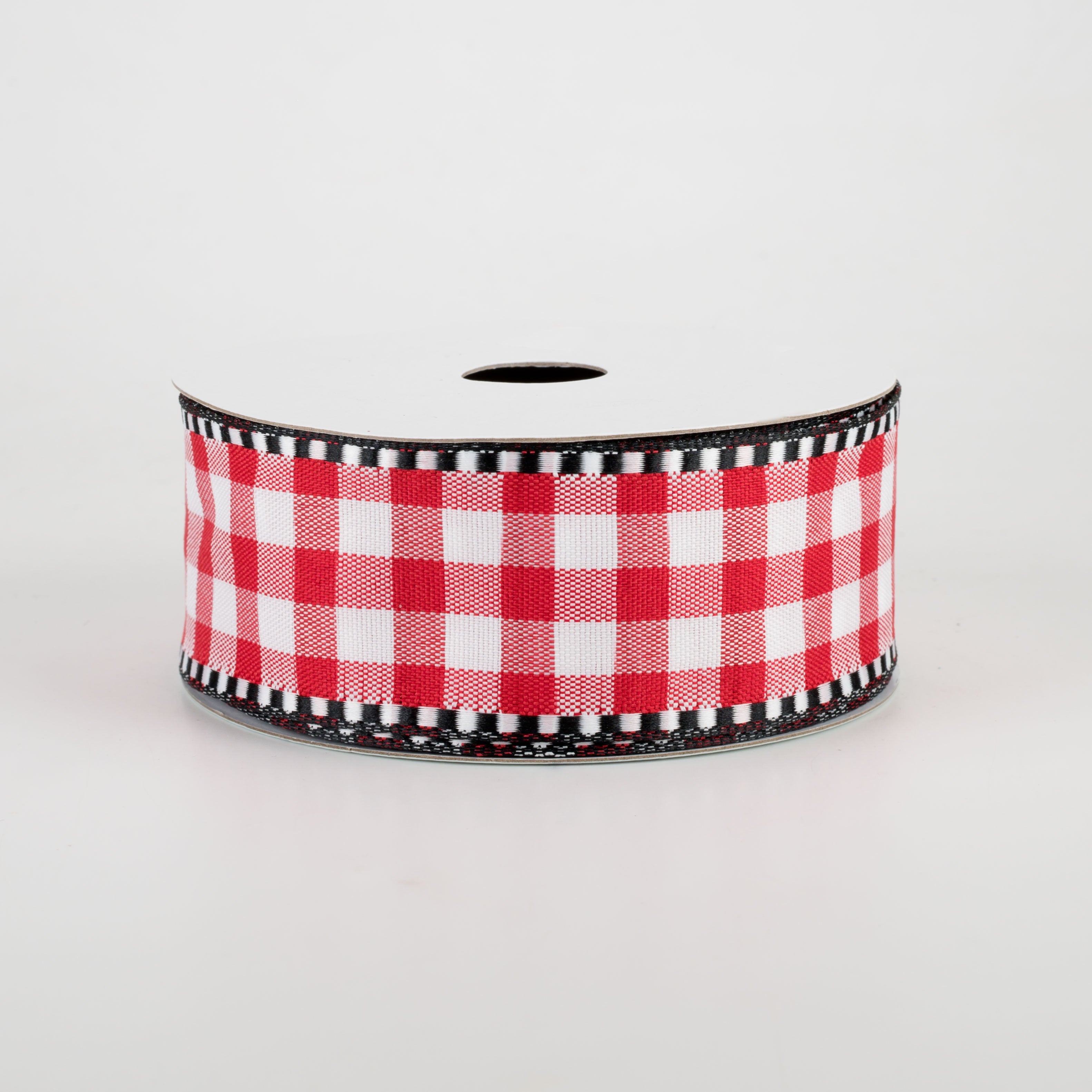 1.5" Gingham Check Dashed Edge Ribbon: Red & White (10 Yards)