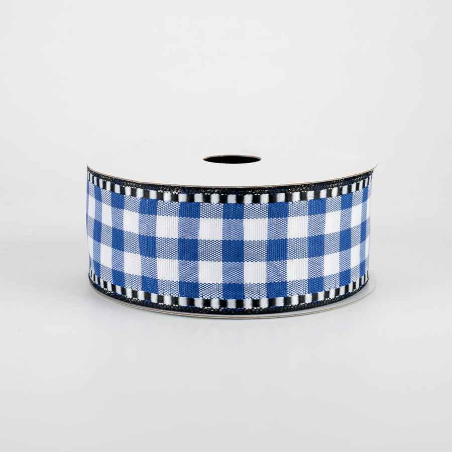 1.5" Gingham Check Dashed Edge Ribbon: Royal Blue & White (10 Yards)