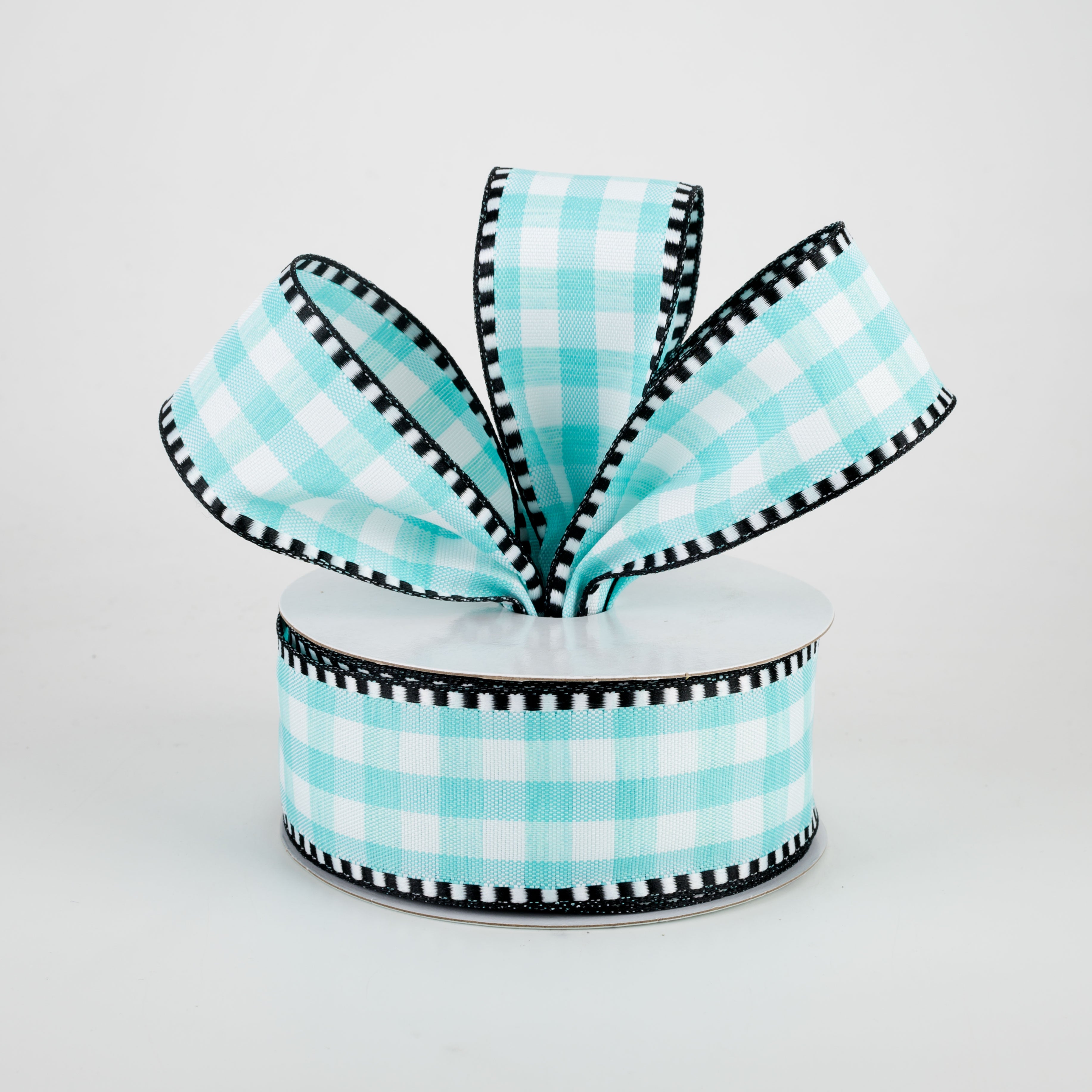 1.5" Gingham Check Dashed Edge Ribbon: Turquoise & White (10 Yards) Lifestyle Photo