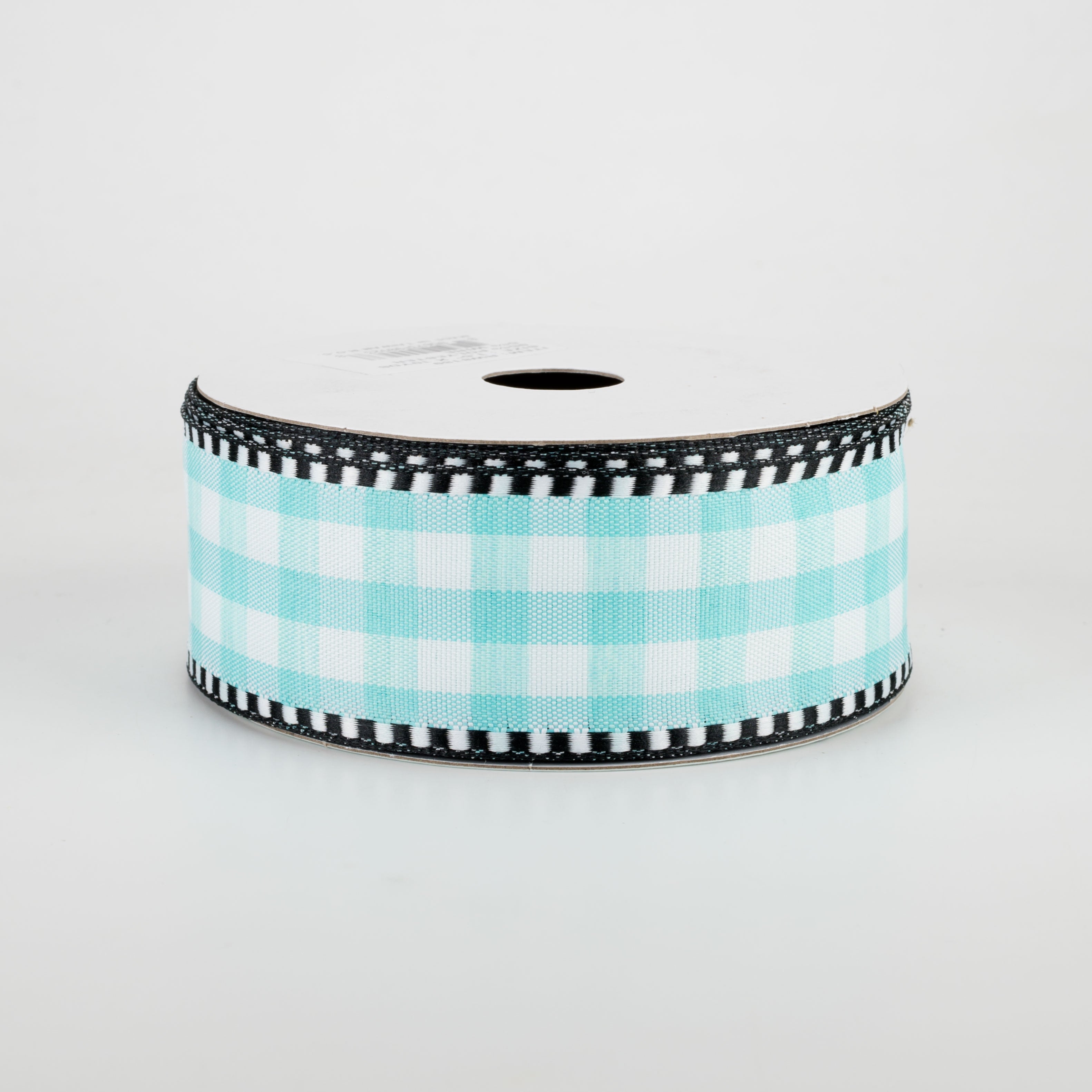 1.5" Gingham Check Dashed Edge Ribbon: Turquoise & White (10 Yards)