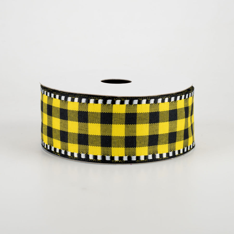 1.5" Gingham Check Dashed Edge Ribbon: Yellow & Black (10 Yards)
