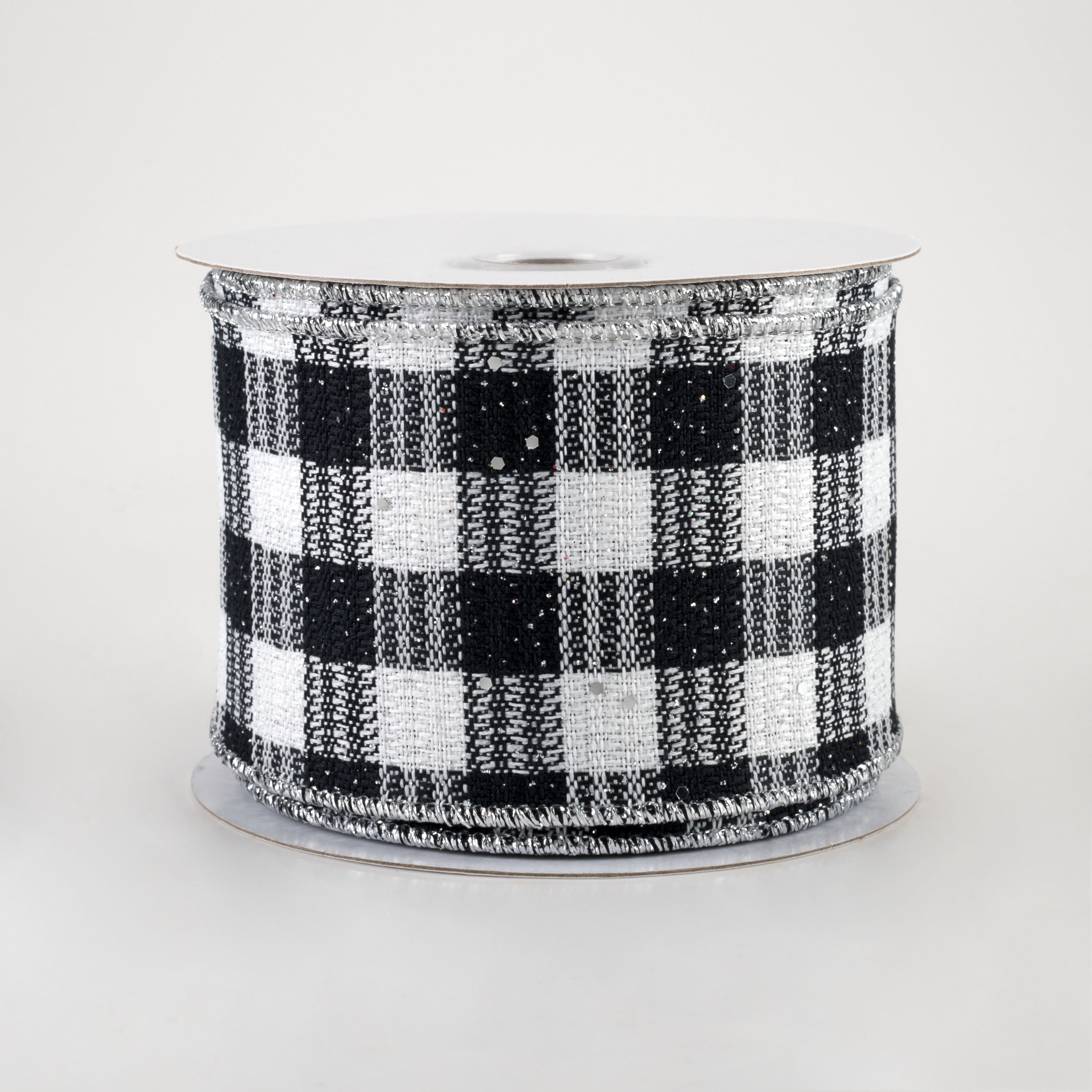 2.5" Gingham Check Hex Glitter Ribbon: Black, White, Silver (10 Yards)