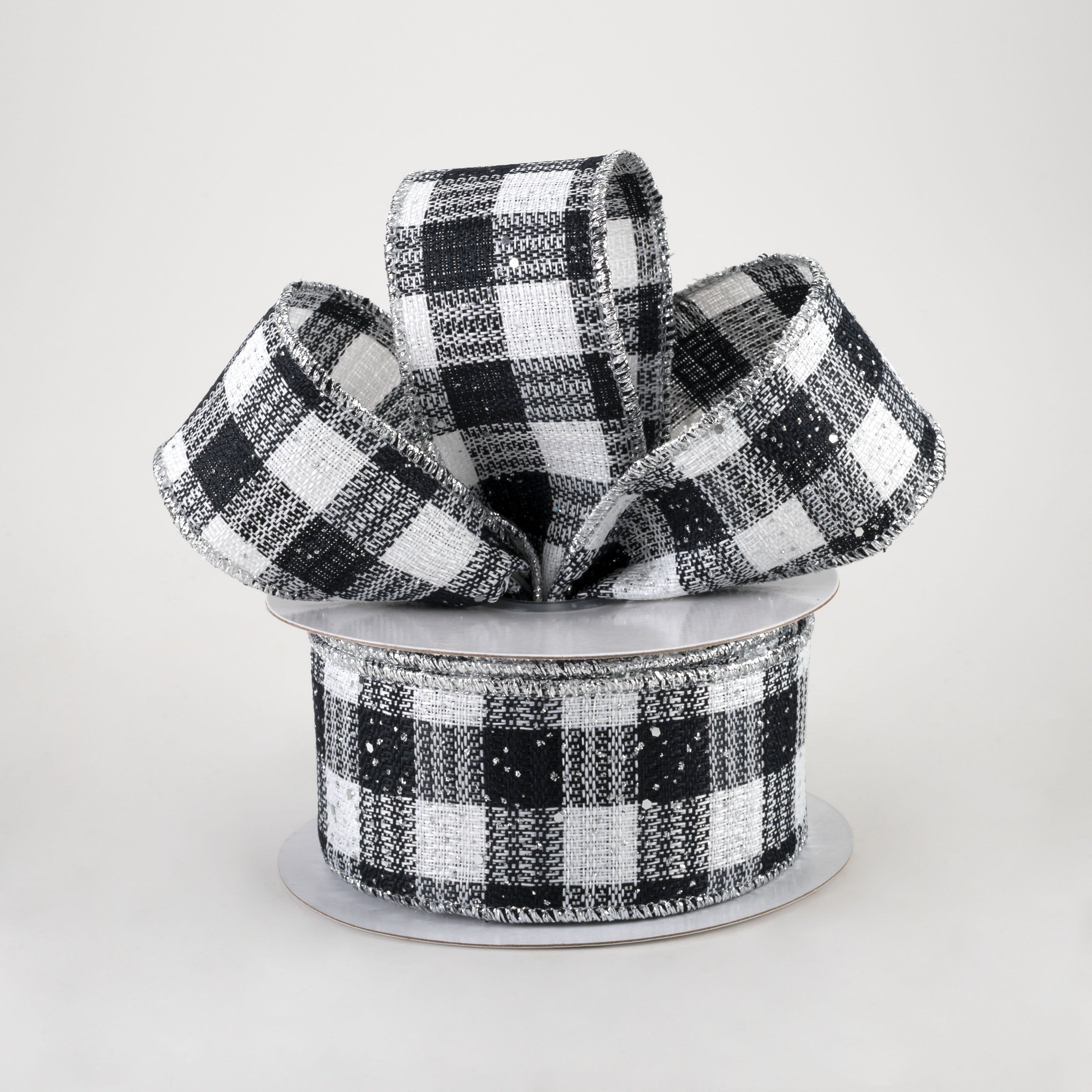 1.5" Gingham Check Hex Glitter Ribbon: Black, White, Silver (10 Yards) Lifestyle Photo