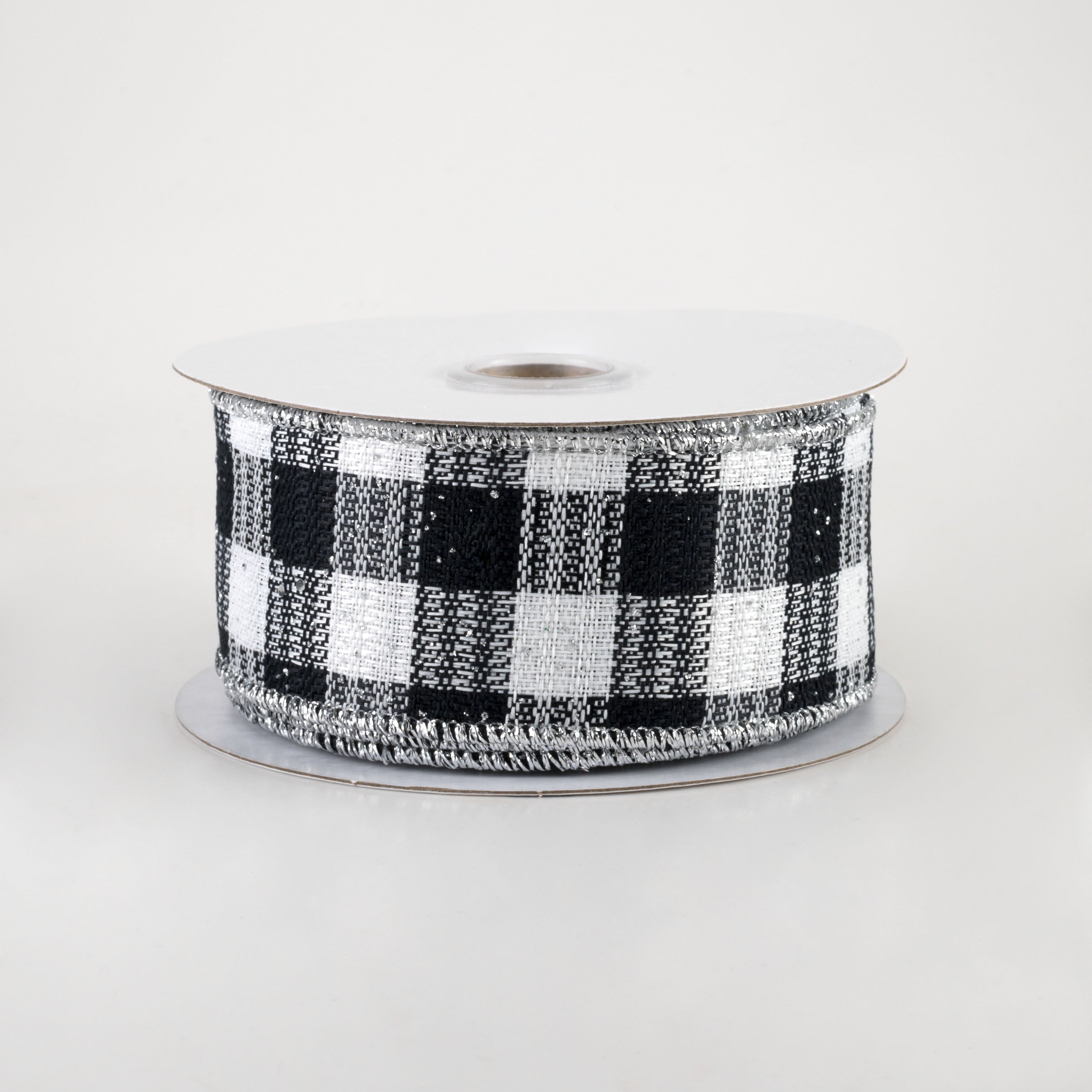 1.5" Gingham Check Hex Glitter Ribbon: Black, White, Silver (10 Yards)