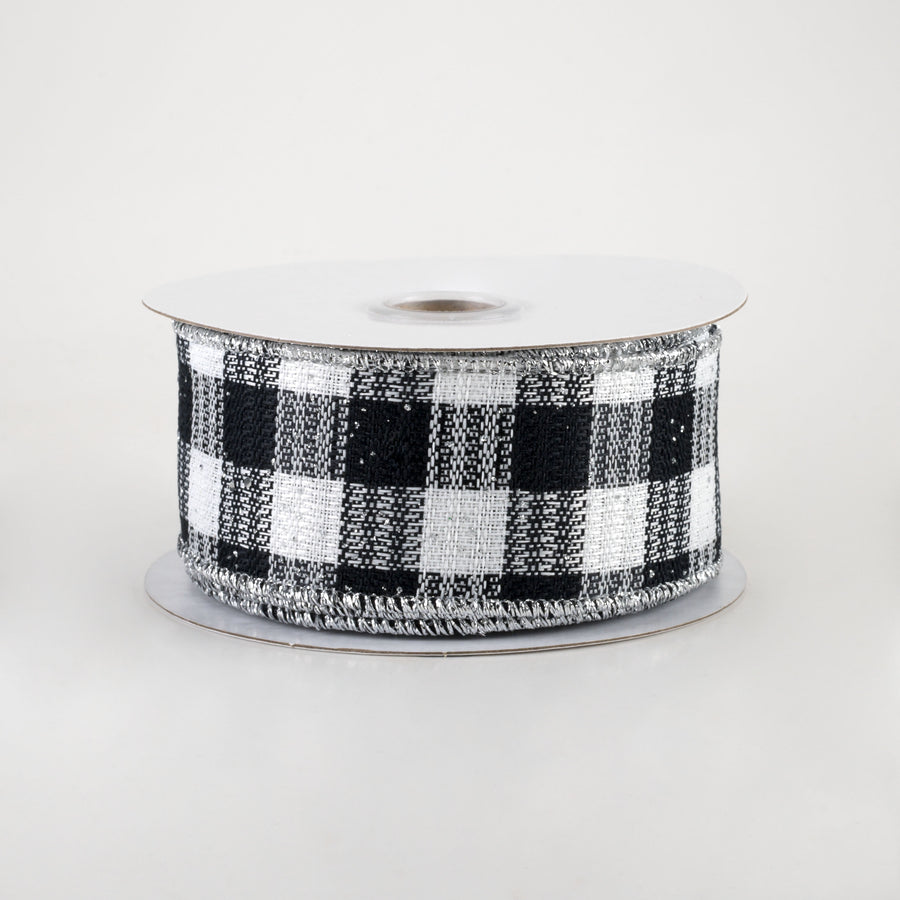 1.5" Gingham Check Hex Glitter Ribbon: Black, White, Silver (10 Yards)