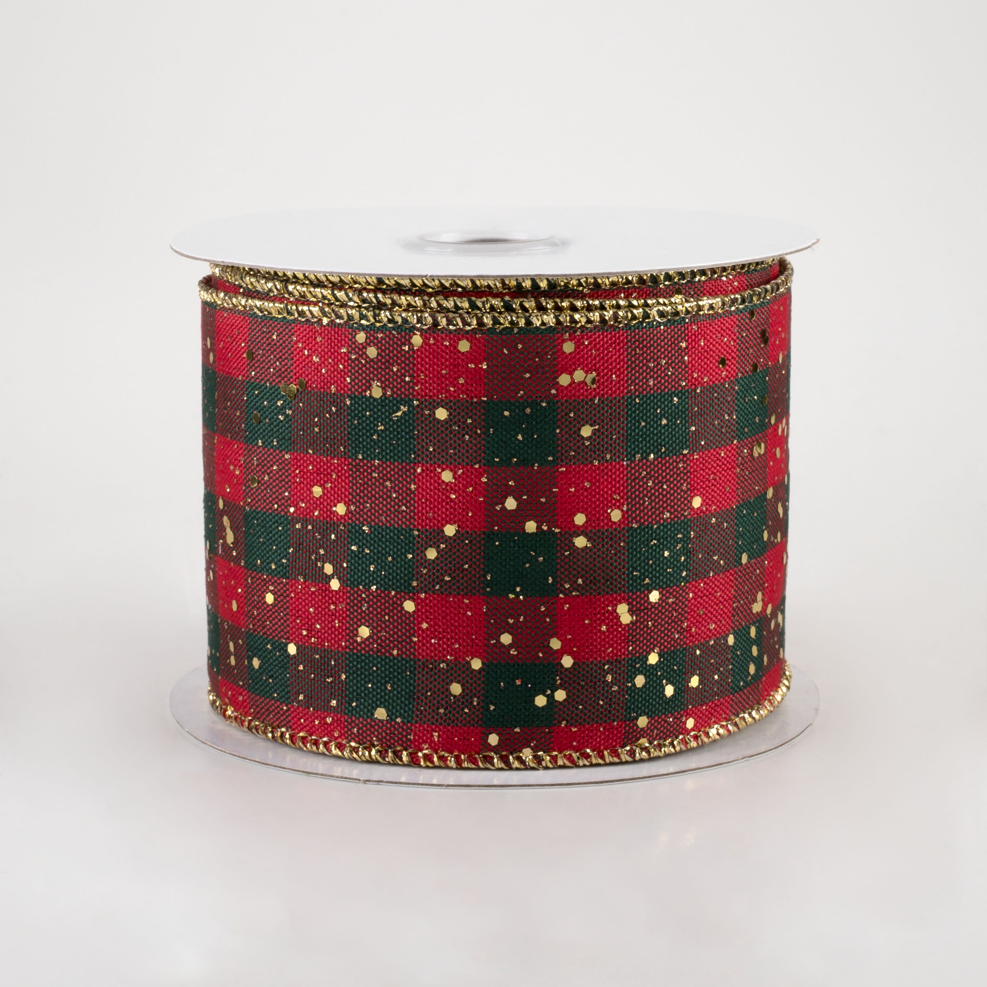 2.5" Gingham Check Hex Glitter Ribbon: Red, Emerald, Gold (10 Yards)