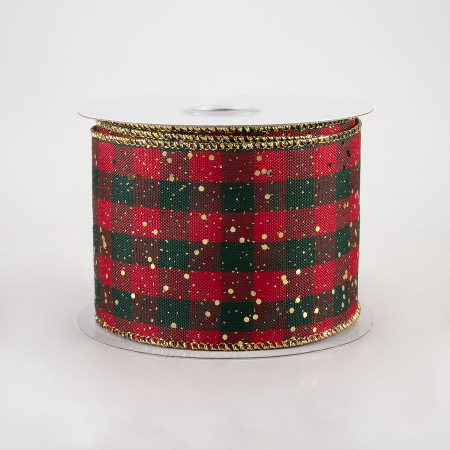 2.5" Gingham Check Hex Glitter Ribbon: Red, Emerald, Gold (10 Yards)