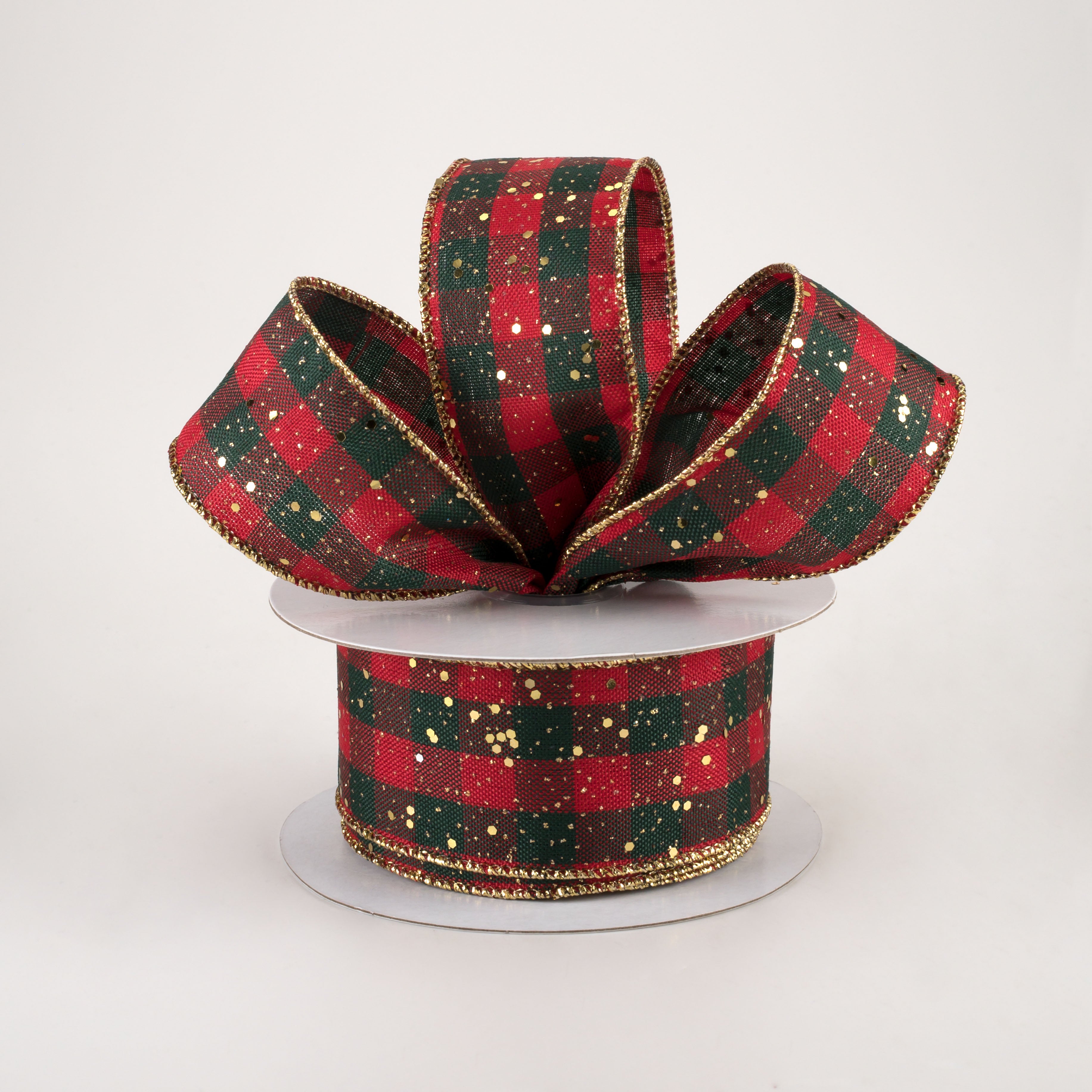 1.5" Gingham Check Hex Glitter Ribbon: Red, Emerald, Gold (10 Yards) Lifestyle Photo