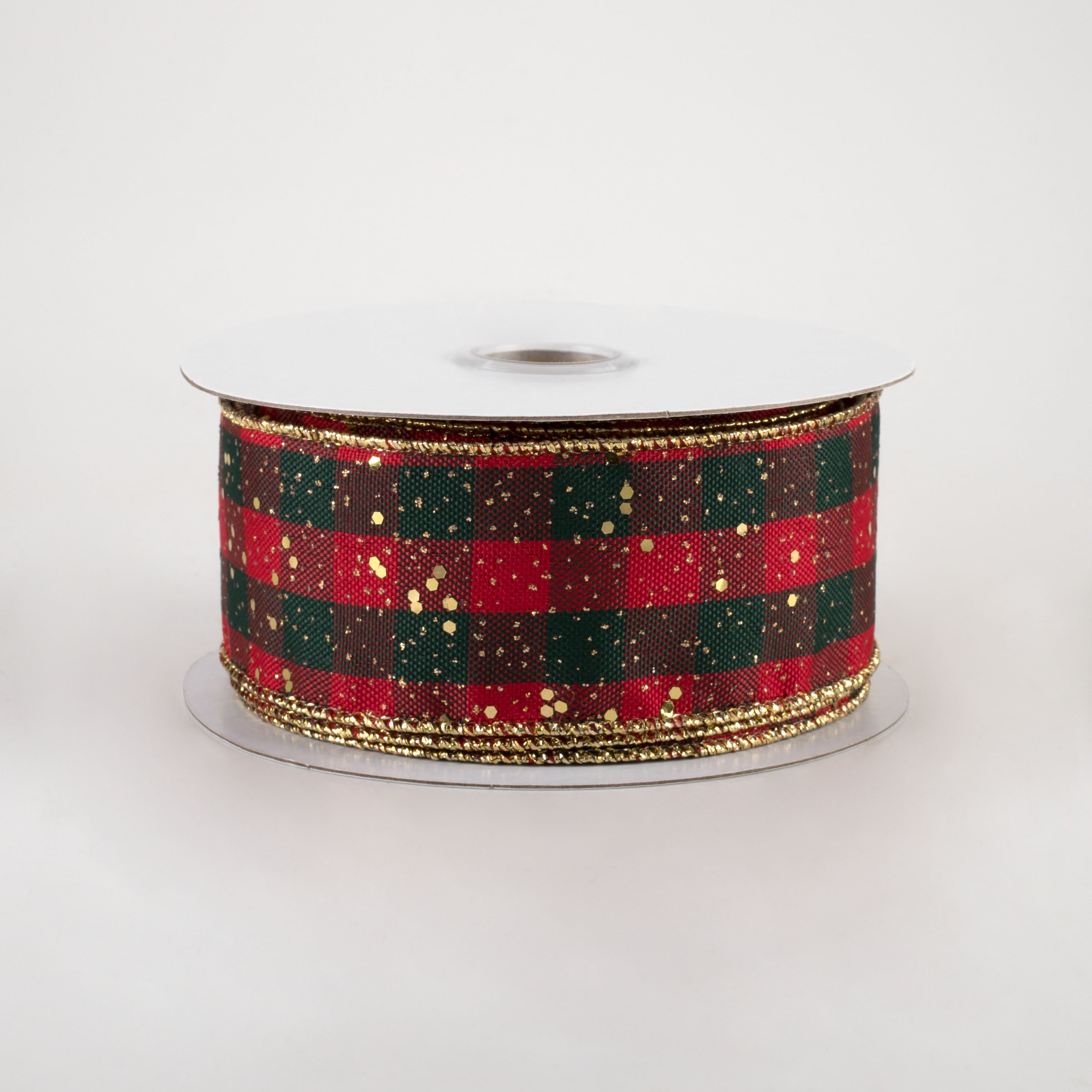 1.5" Gingham Check Hex Glitter Ribbon: Red, Emerald, Gold (10 Yards)