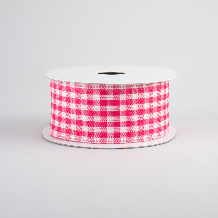 1.5" Gingham Check Wired Ribbon: Dark Pink & White (10 Yards)