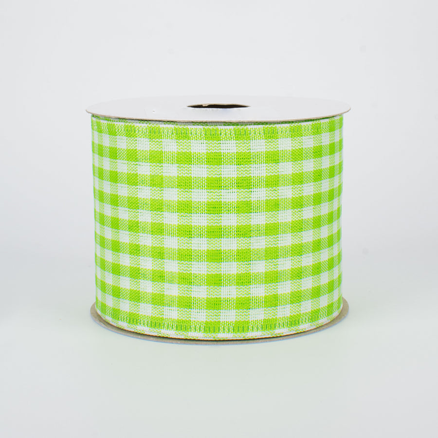 2.5" Gingham Check Wired Ribbon: Fresh Green & White (10 Yards)