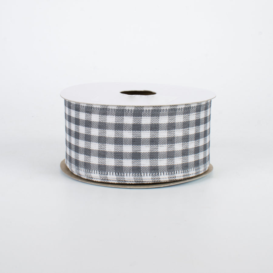 1.5" Gingham Check Wired Ribbon: Grey & White (10 Yards)