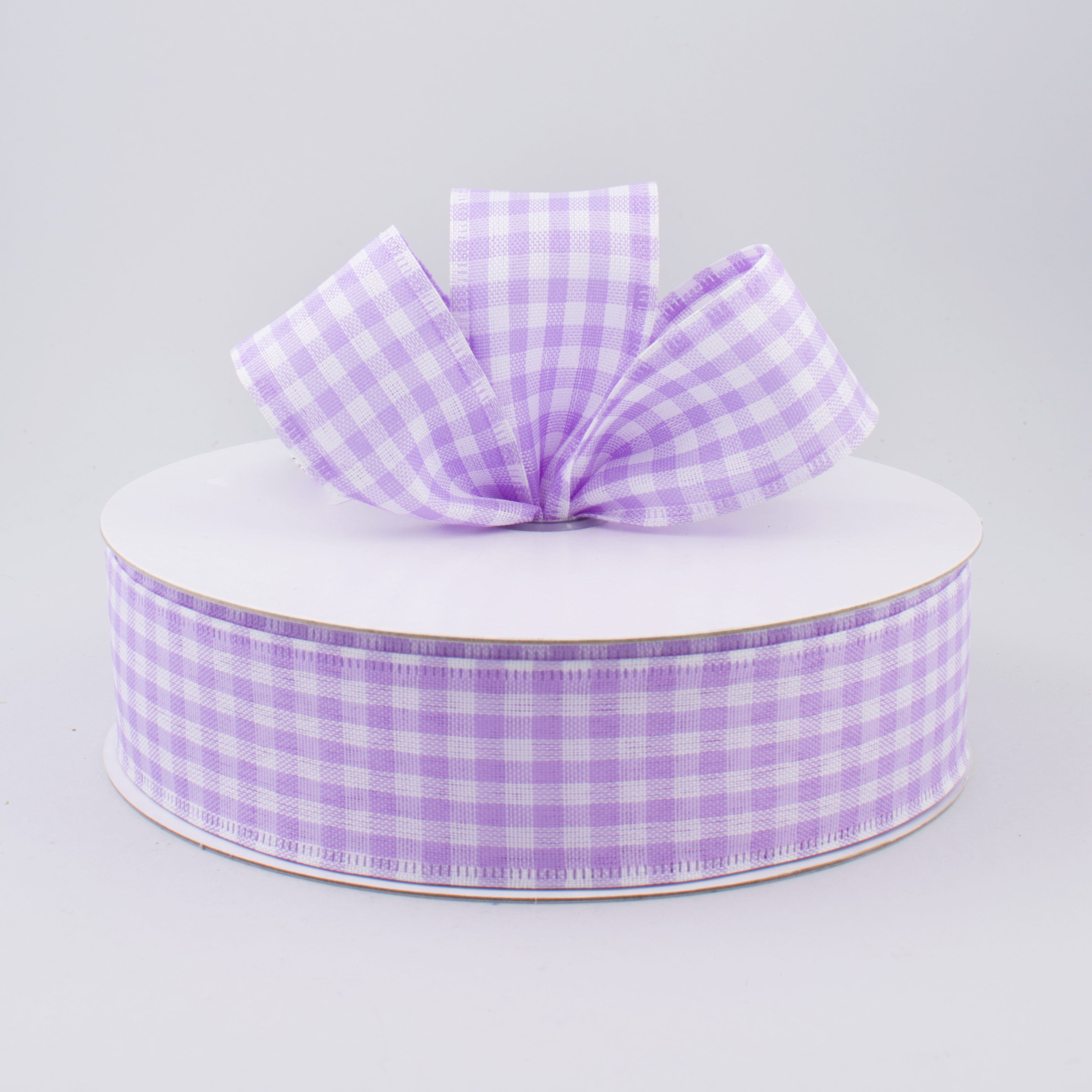 1.5" Gingham Check Wired Ribbon: Lavender & White (50 Yards) Lifestyle Photo