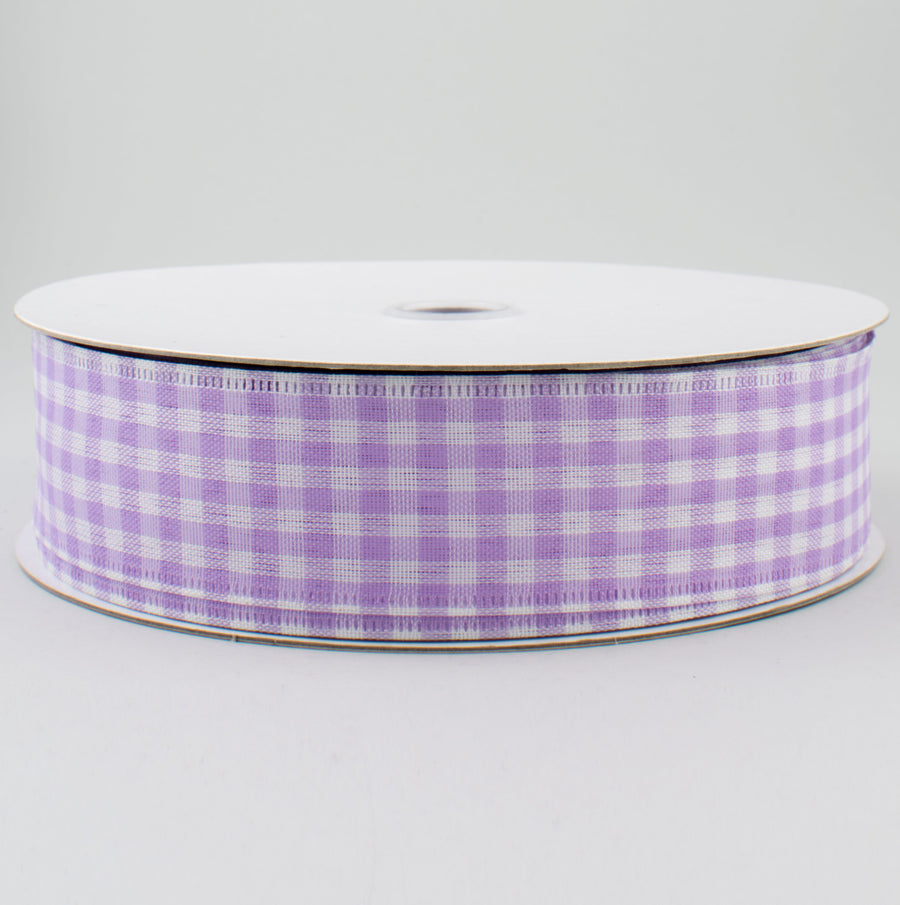 1.5" Gingham Check Wired Ribbon: Lavender & White (50 Yards)