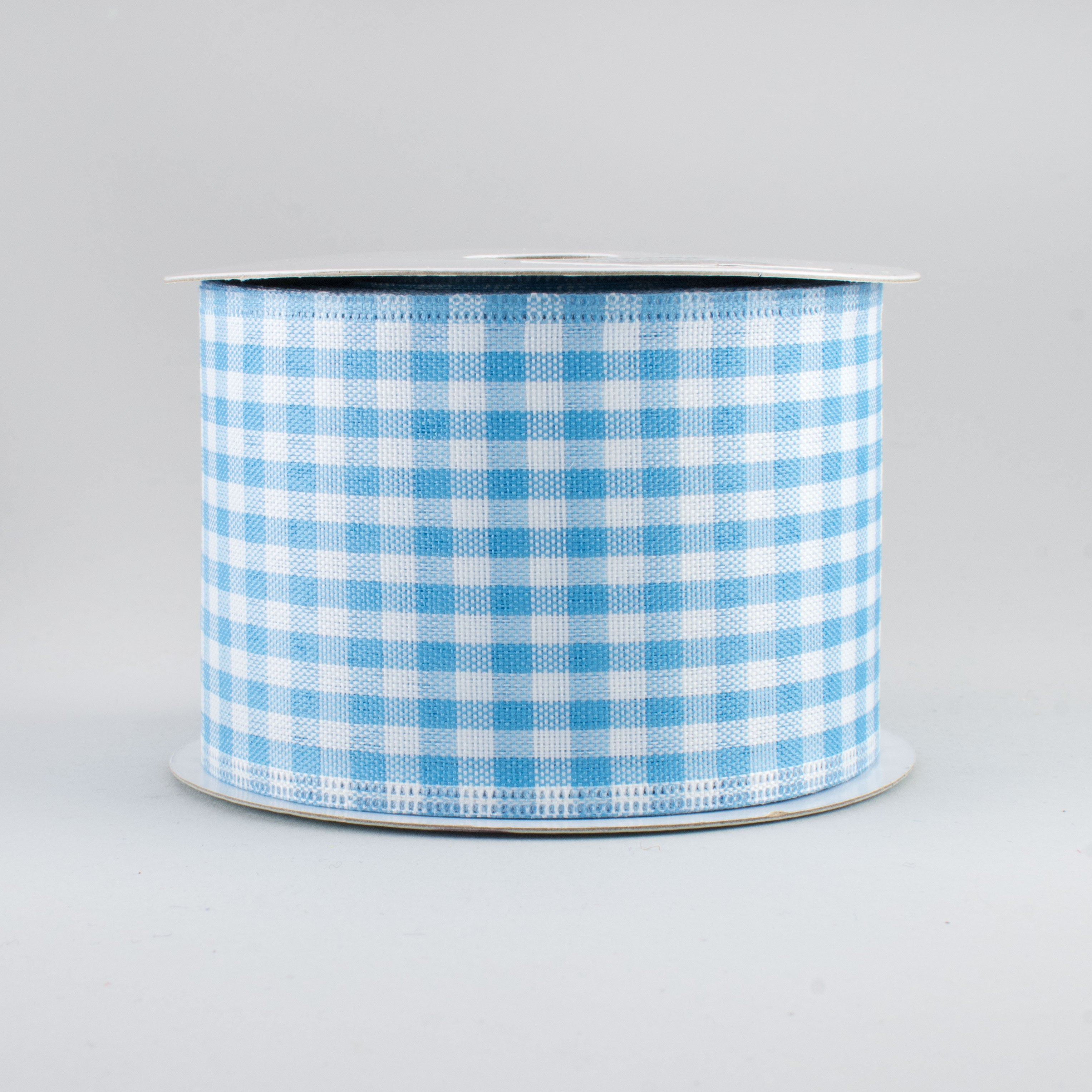 2.5" Gingham Check Wired Ribbon: Light Blue & White (10 Yards)
