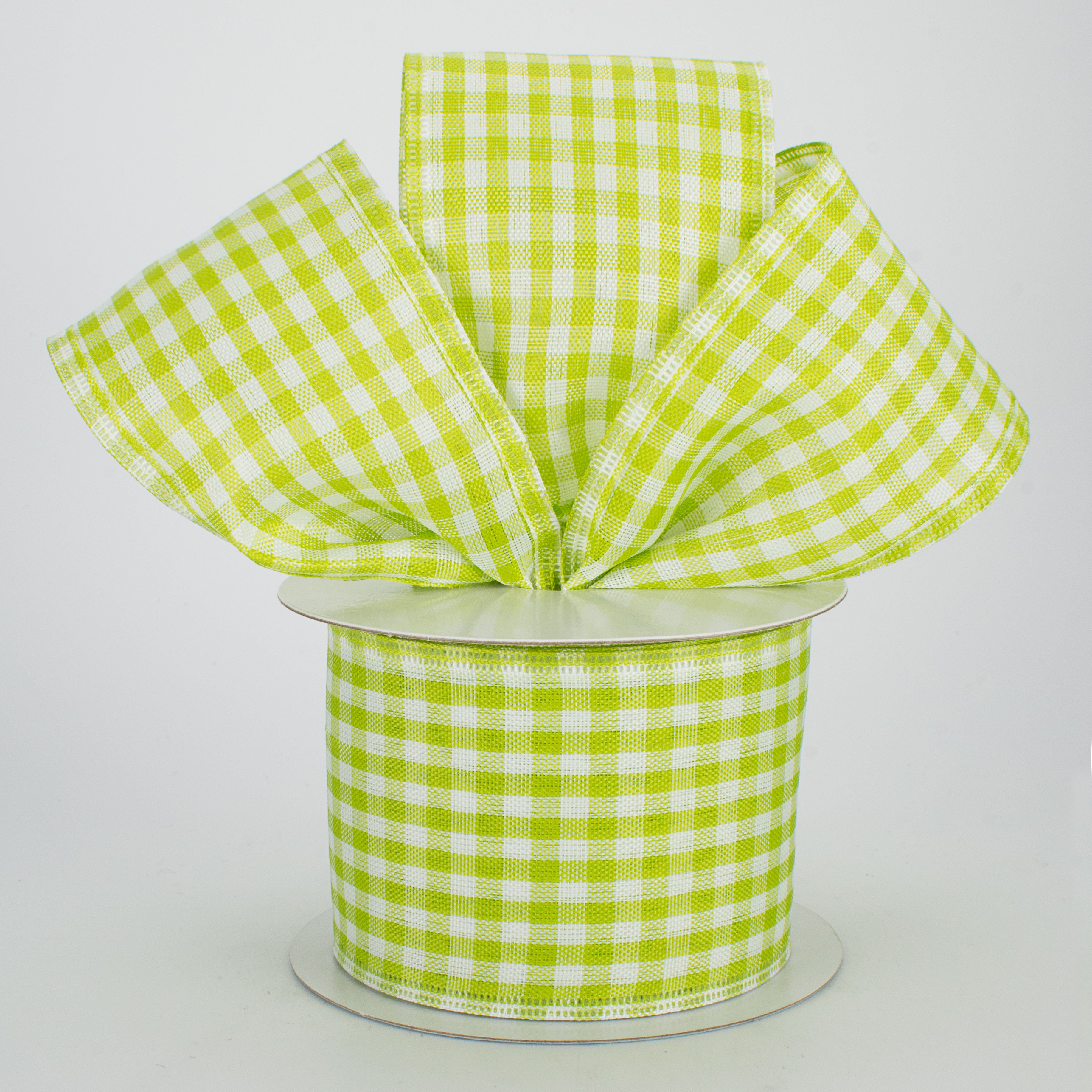 2.5" Gingham Check Wired Ribbon: Lime Green & White (10 Yards) Lifestyle Photo