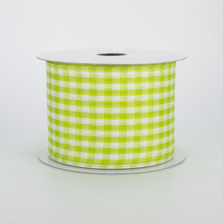 2.5" Gingham Check Wired Ribbon: Lime Green & White (10 Yards)